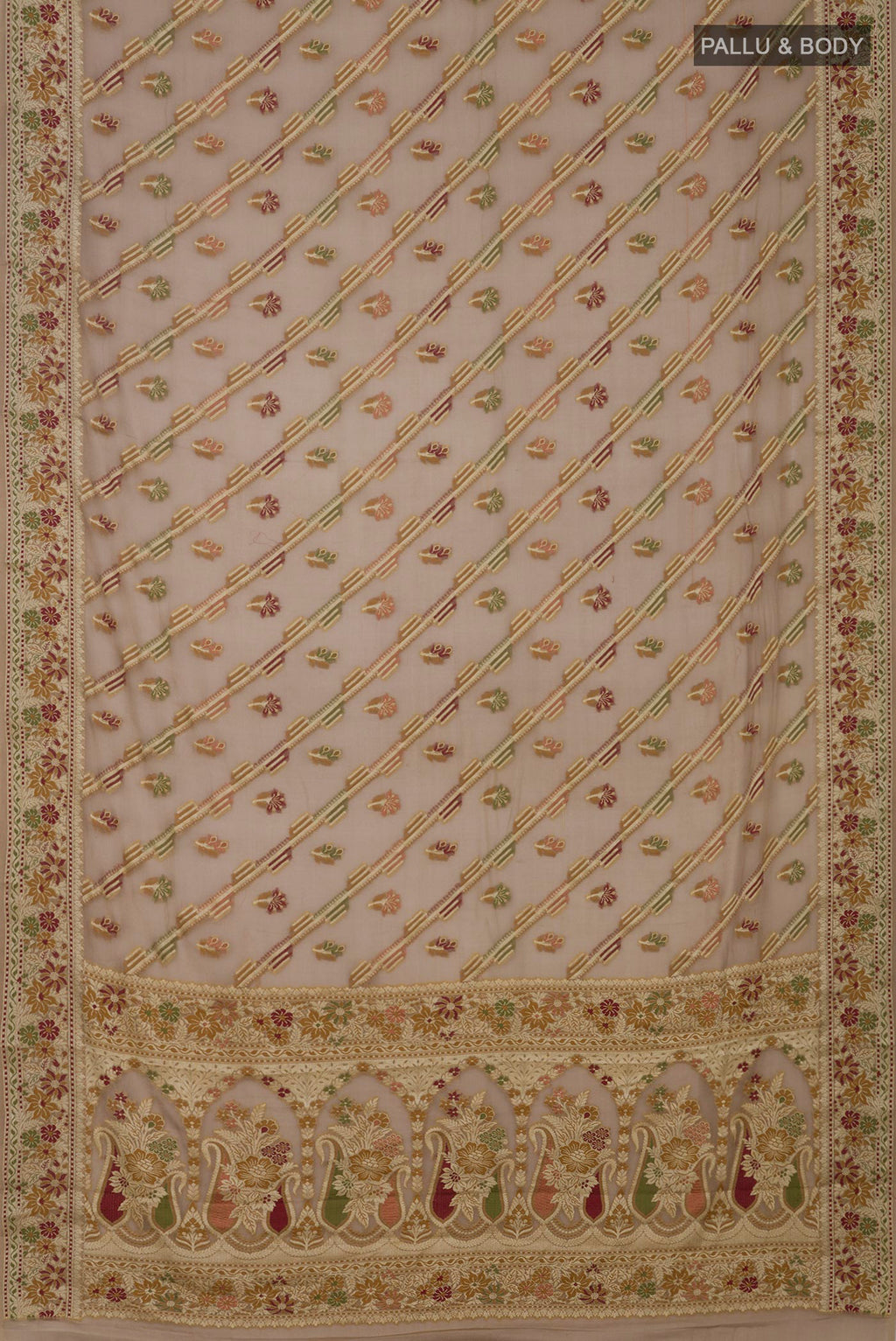 Flat view of Beige Banarasi Georgette Saree with Thread Butta on the body and Thread Border. 