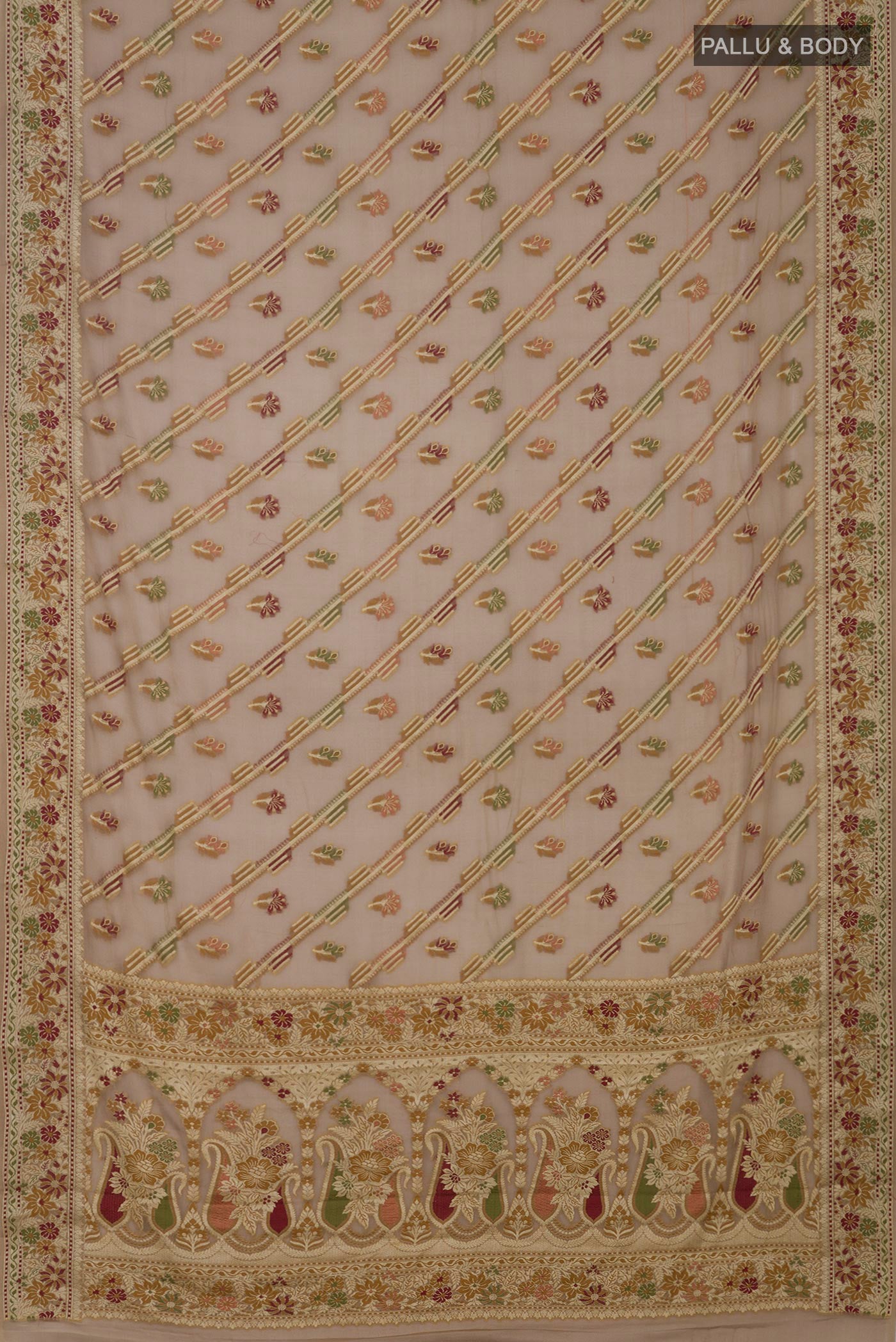 Flat view of Beige Banarasi Georgette Saree with Thread Butta on the body and Thread Border. 
