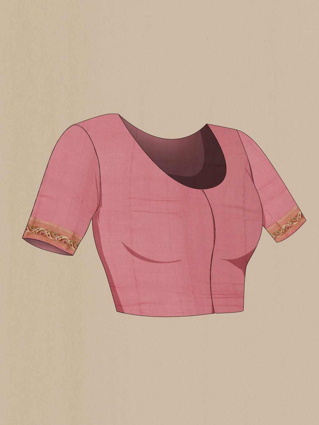 Close up image of the blouse of Coral Banarasi Georgette Saree with Thread Butta on the body and Thread Border. 