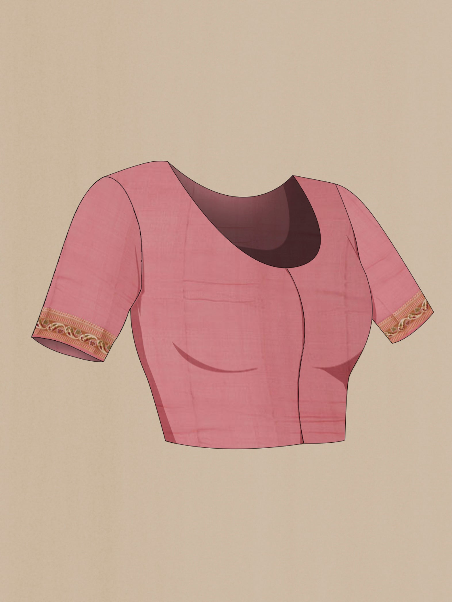 Close up image of the blouse of Coral Banarasi Georgette Saree with Thread Butta on the body and Thread Border. 