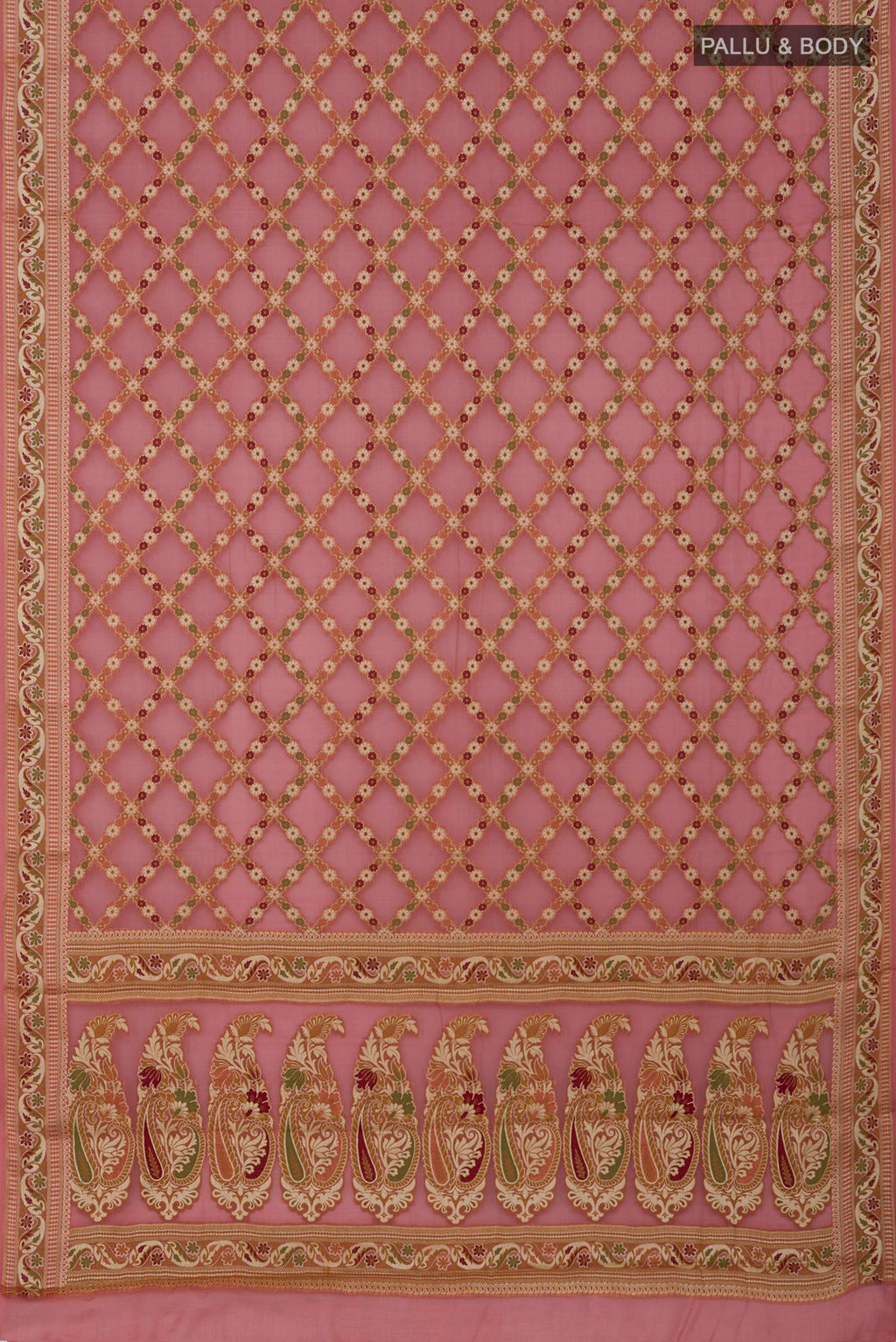 Flat view of Coral Banarasi Georgette Saree with Thread Butta on the body and Thread Border. 