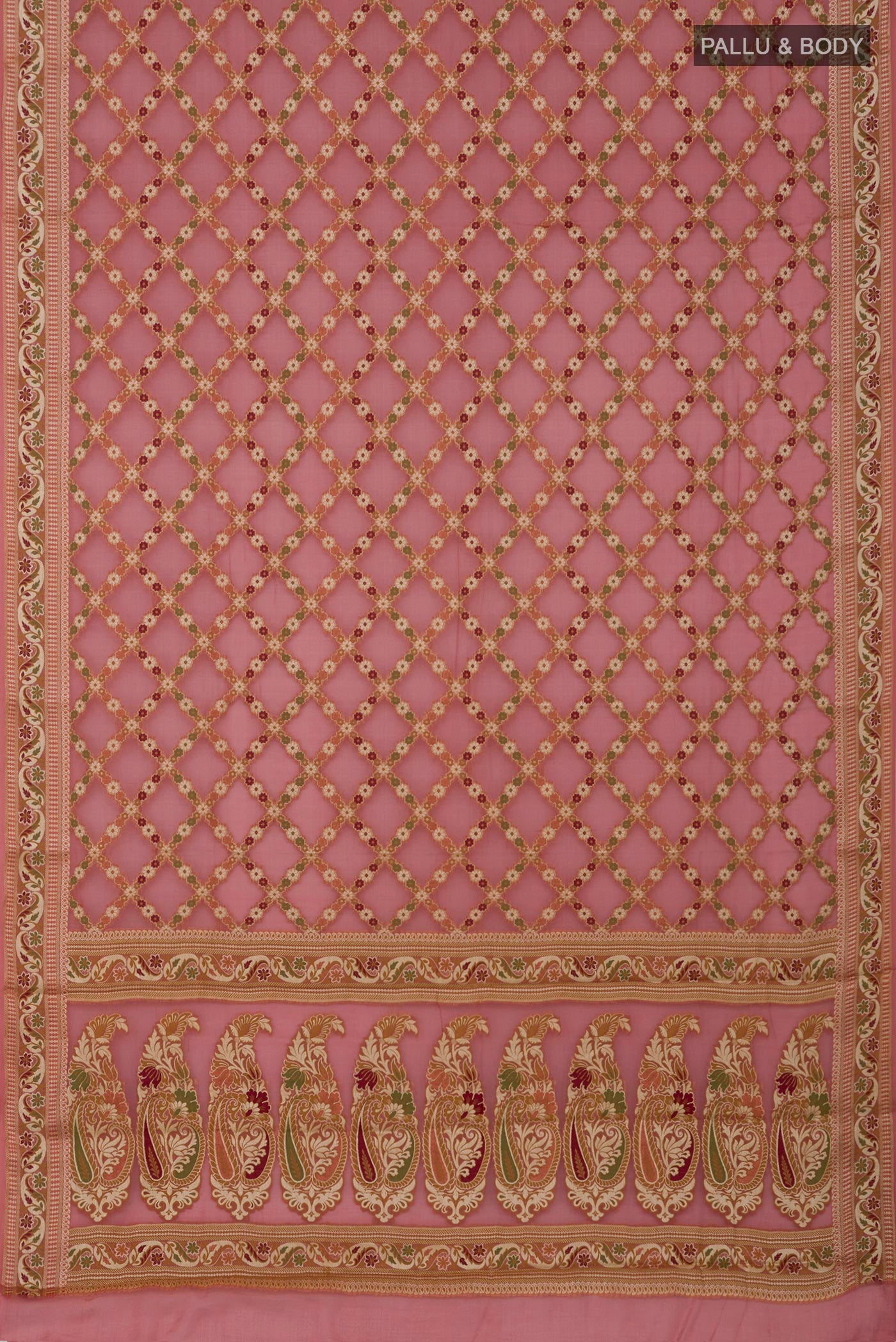 Flat view of Coral Banarasi Georgette Saree with Thread Butta on the body and Thread Border. 