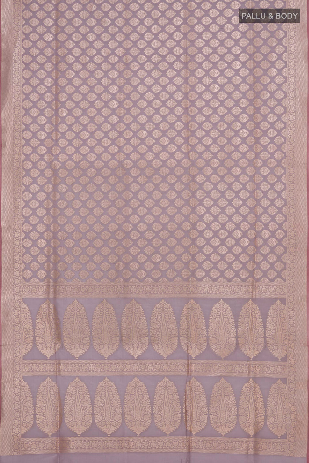 Flat view of Pure Silk Lavender Banarasi Saree with Zari Brocade on the body and Zari Border. 