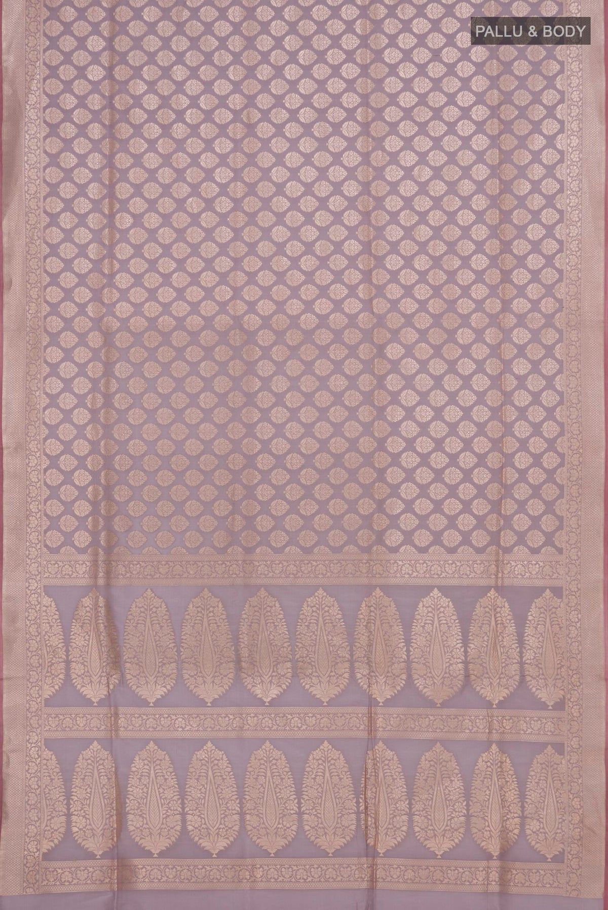 Flat view of Pure Silk Lavender Banarasi Saree with Zari Brocade on the body and Zari Border. 
