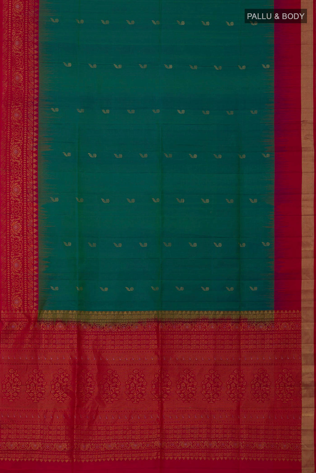 Flat view of Peacock Blue Soft Silk Saree with Zari Butta on the body and Fancy Border. 