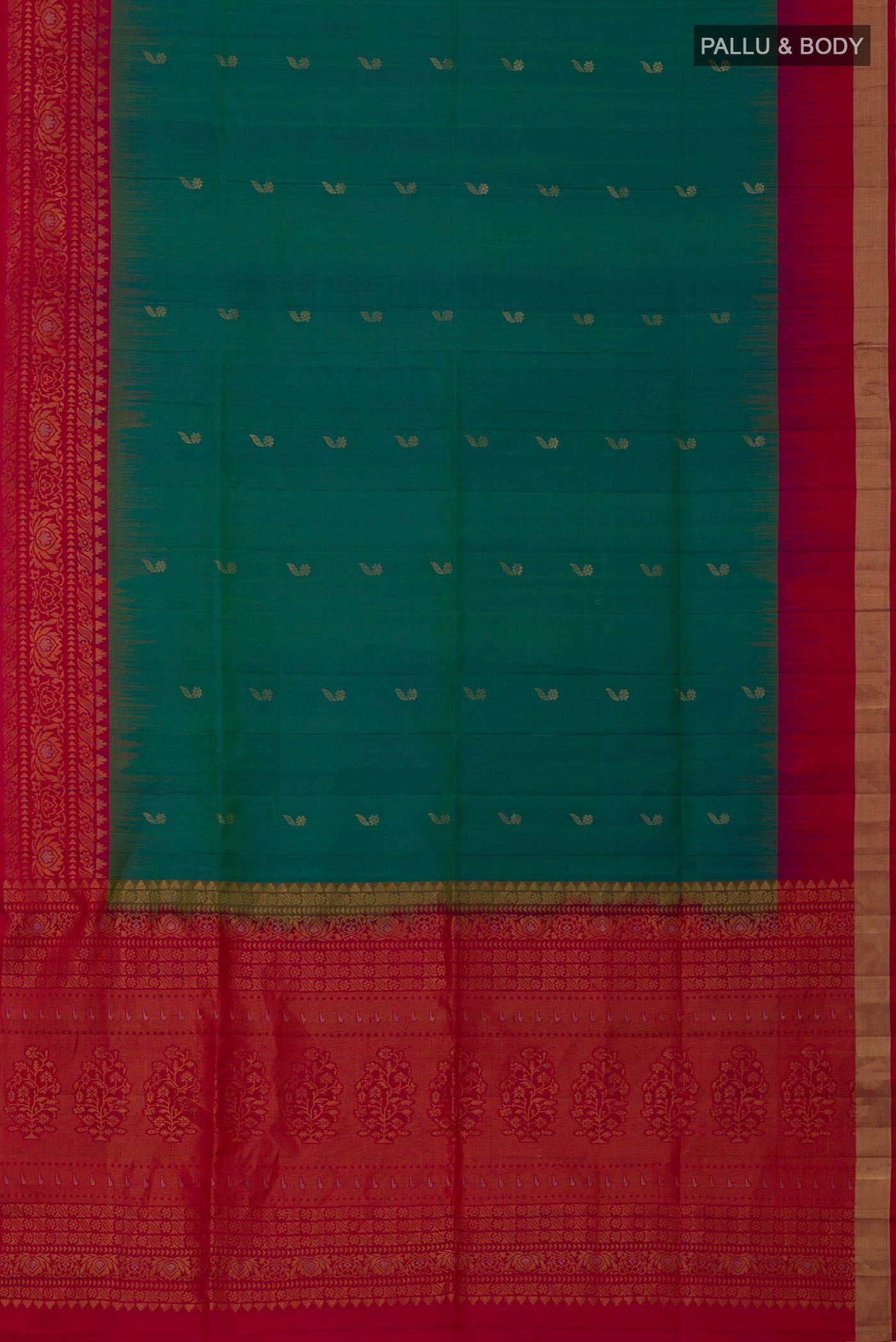 Flat view of Peacock Blue Soft Silk Saree with Zari Butta on the body and Fancy Border. 