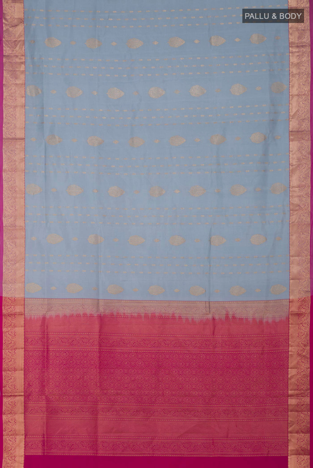 Flat view of Light Blue Soft Silk Saree with Zari Butta on the body and Zari Border. 