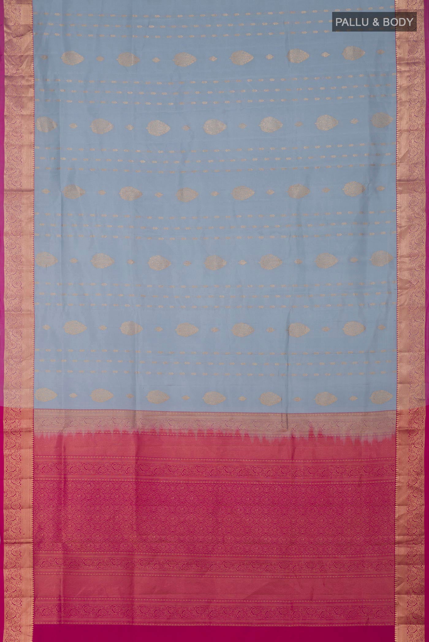 Flat view of Light Blue Soft Silk Saree with Zari Butta on the body and Zari Border. 