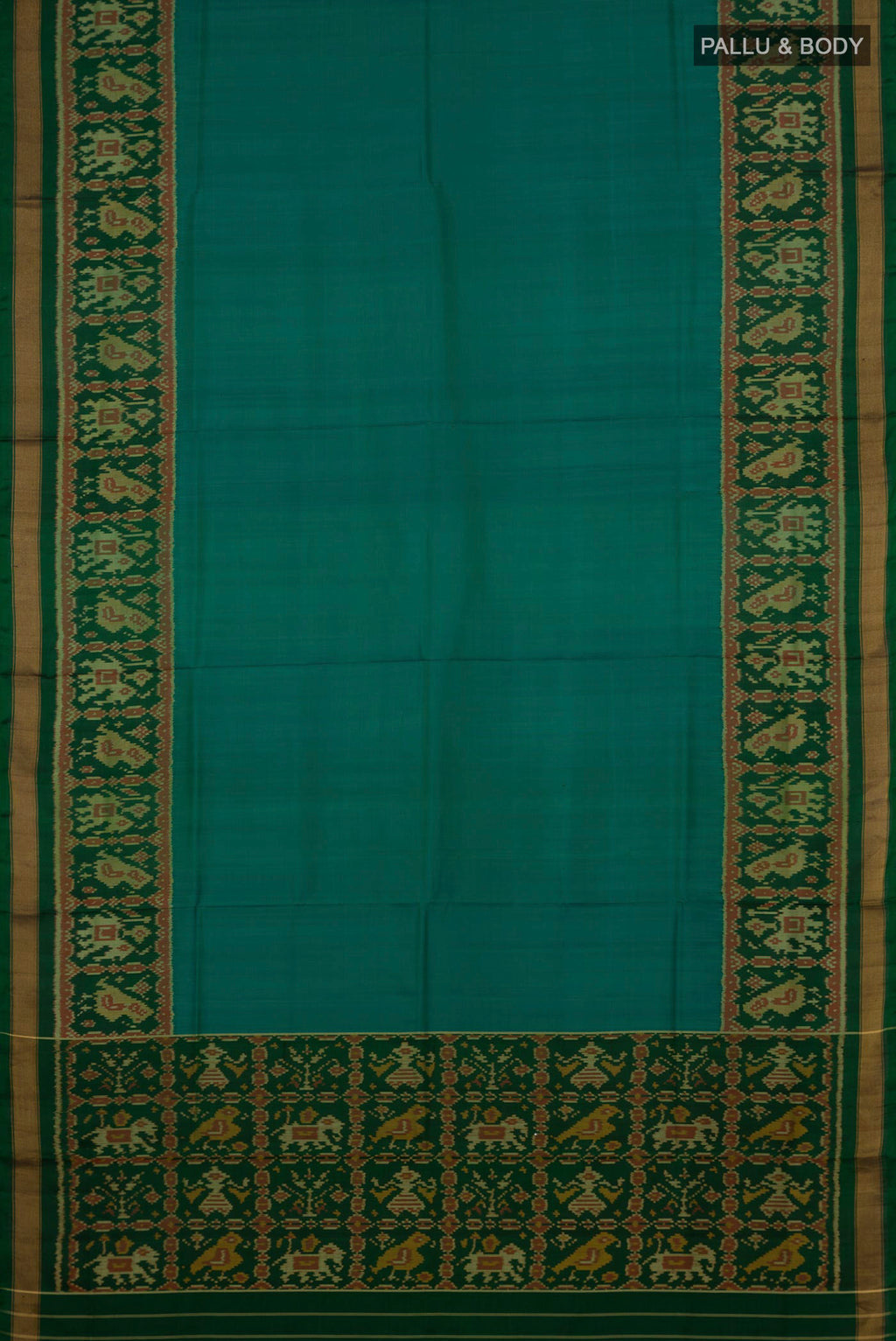 Flat view of Teal Rajkot Patola Silk Saree with Plain Body and Ikat Border. 