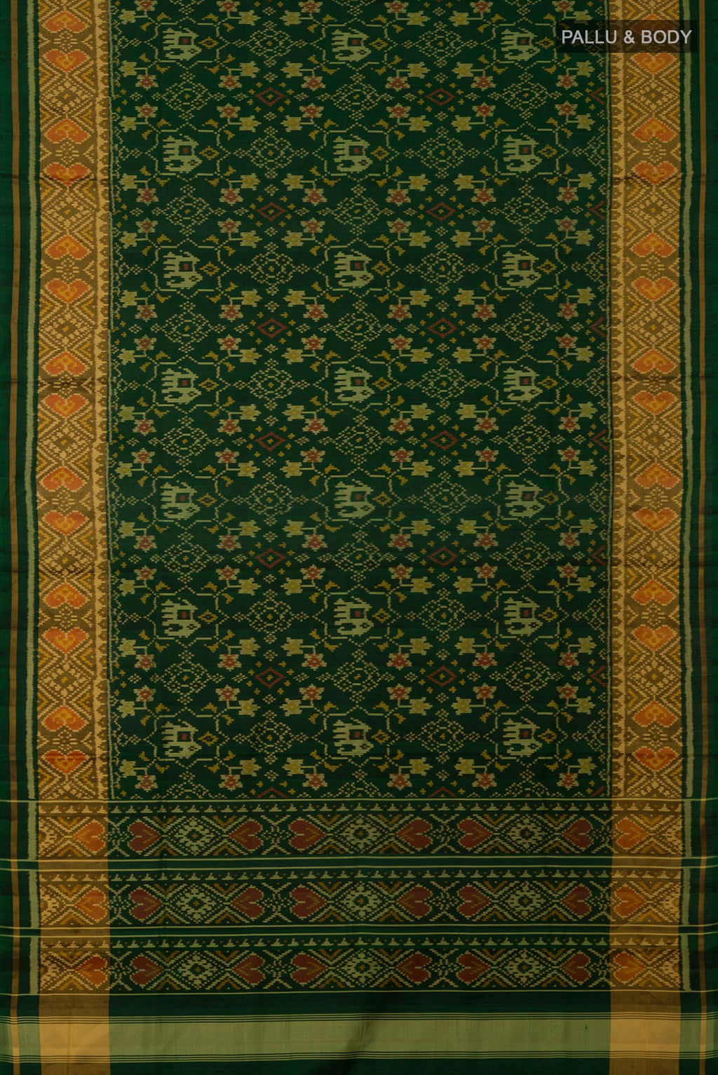 Flat view of Bottle Green Rajkot Patola Silk Saree with Ikat design on the body and Ikat Border. 