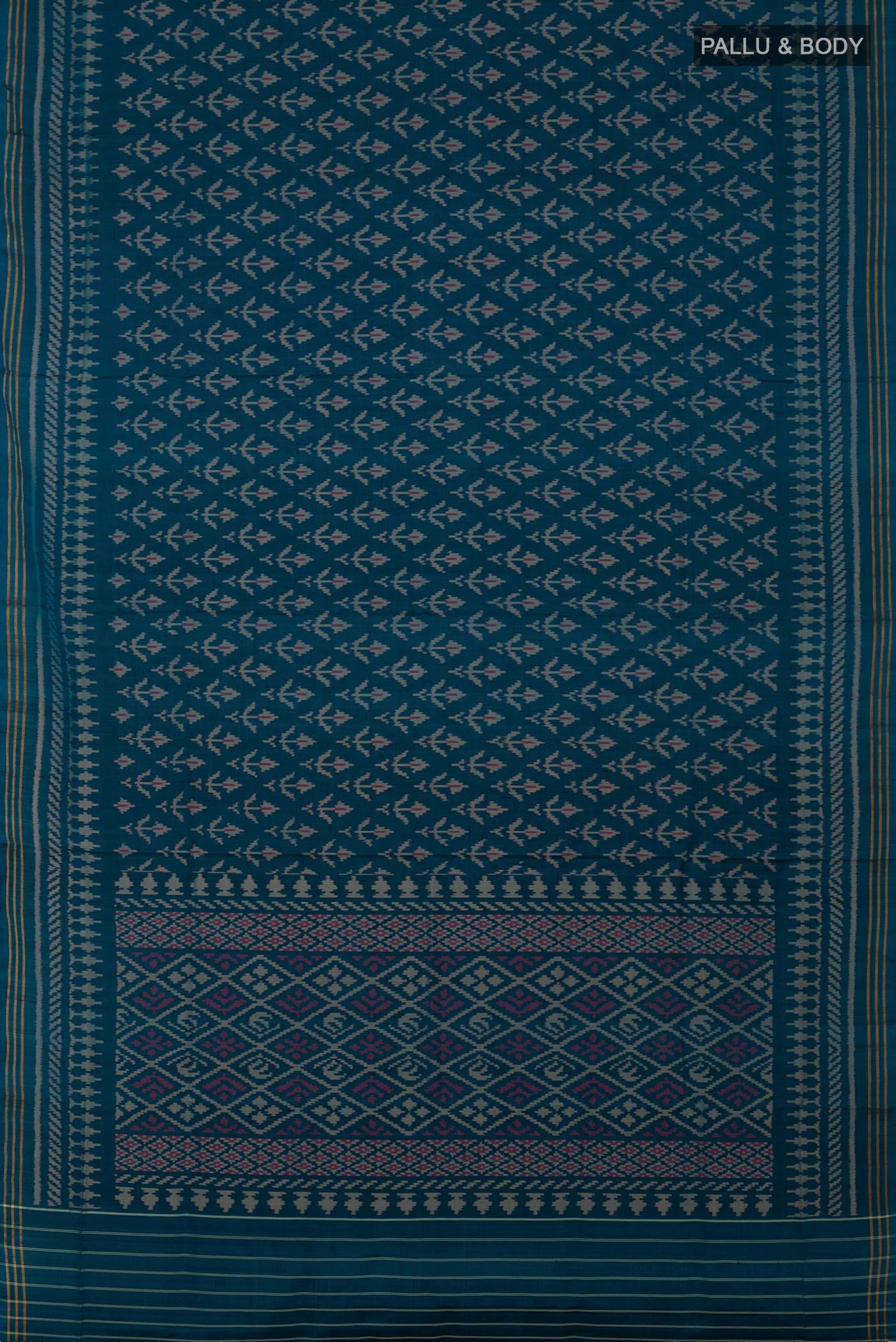 Flat view of Blue Rajkot Patola Silk Saree with Ikat design on the body and Thin Zari Line. 