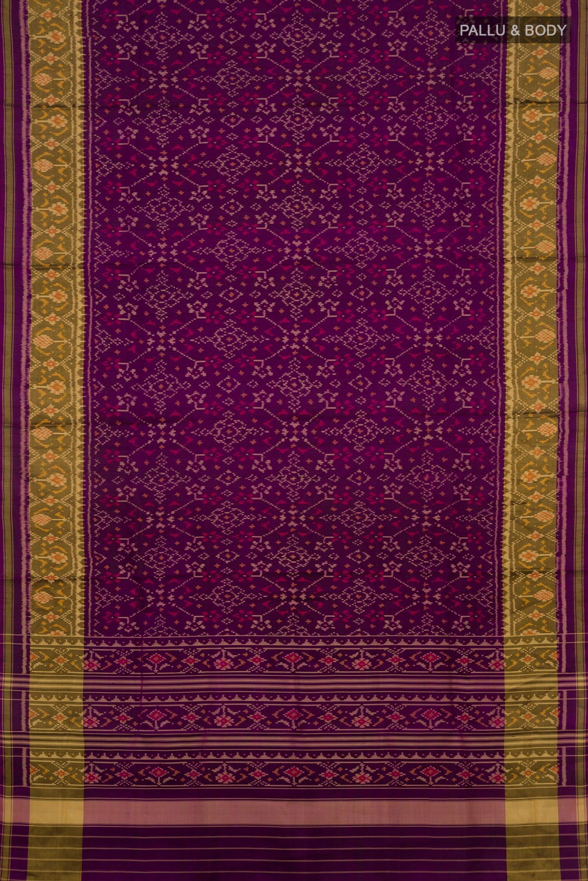 Flat view of Pure Silk Purple Rajkot Patola Saree with Ikat design on the body and Ikat Border. 