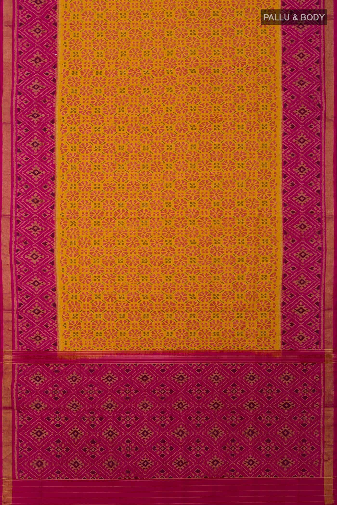Flat view of Yellow Rajkot Patola Silk Saree with Ikat design on the body and Ikat Border. 