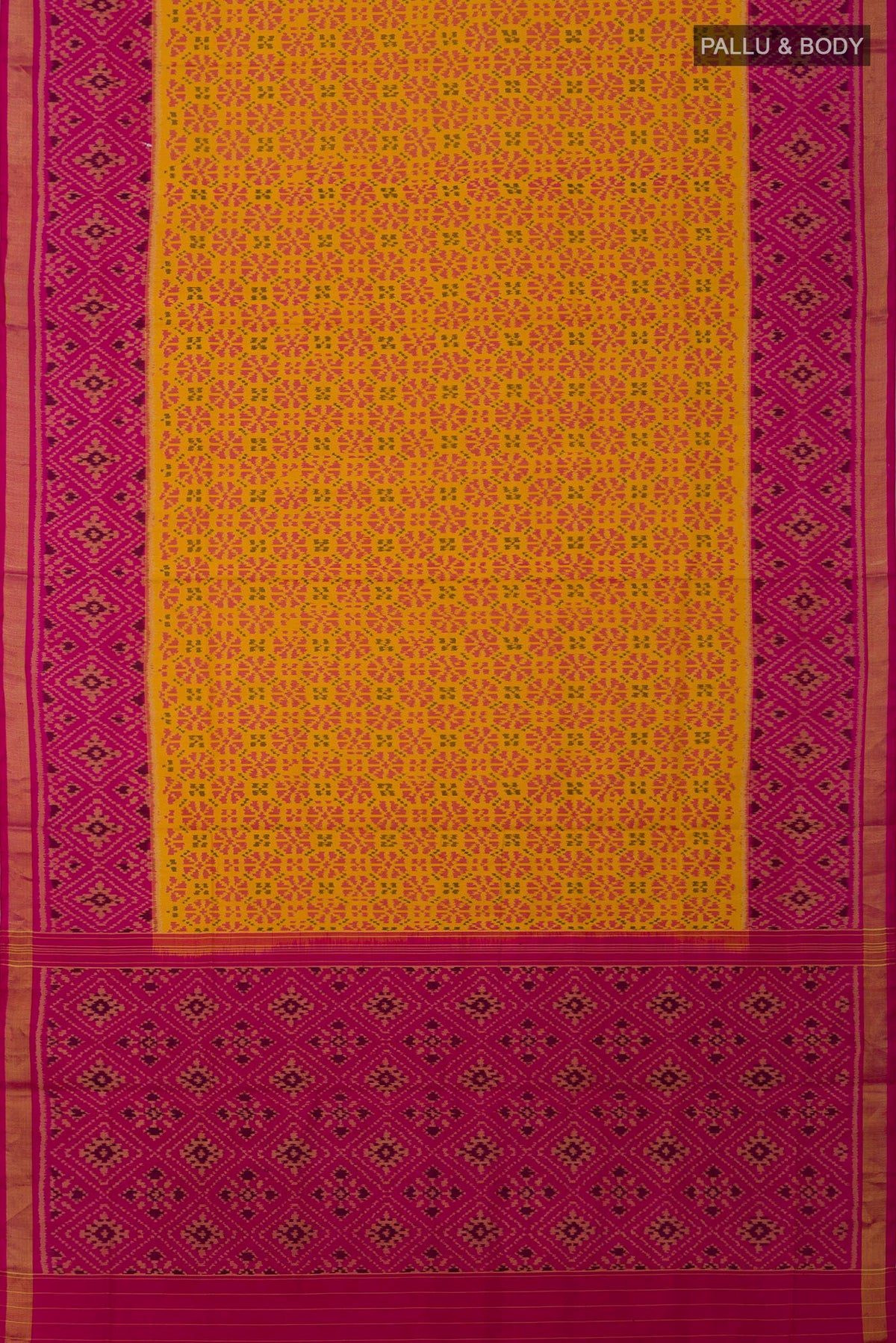 Flat view of Yellow Rajkot Patola Silk Saree with Ikat design on the body and Ikat Border. 