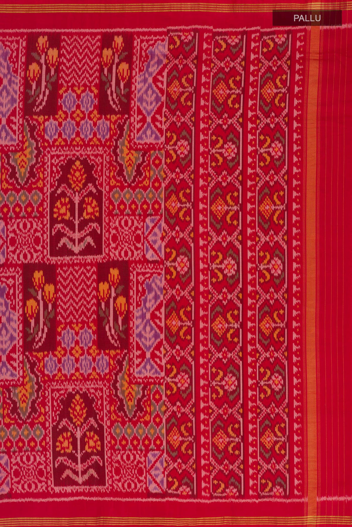 Close up image of the pallu of Pure Silk Red Rajkot Patola Saree with Pure Ikat on the body and Thin Zari Line. 