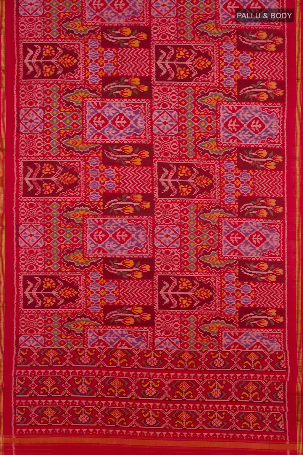 Flat view of Pure Silk Red Rajkot Patola Saree with Pure Ikat on the body and Thin Zari Line. 