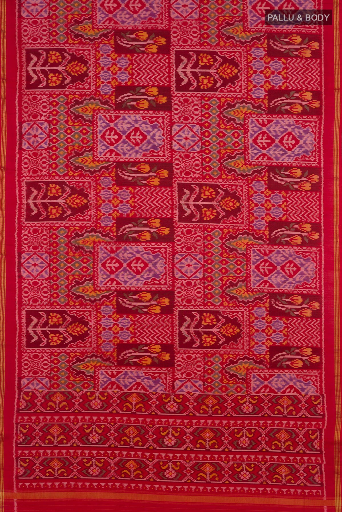 Flat view of Pure Silk Red Rajkot Patola Saree with Pure Ikat on the body and Thin Zari Line. 