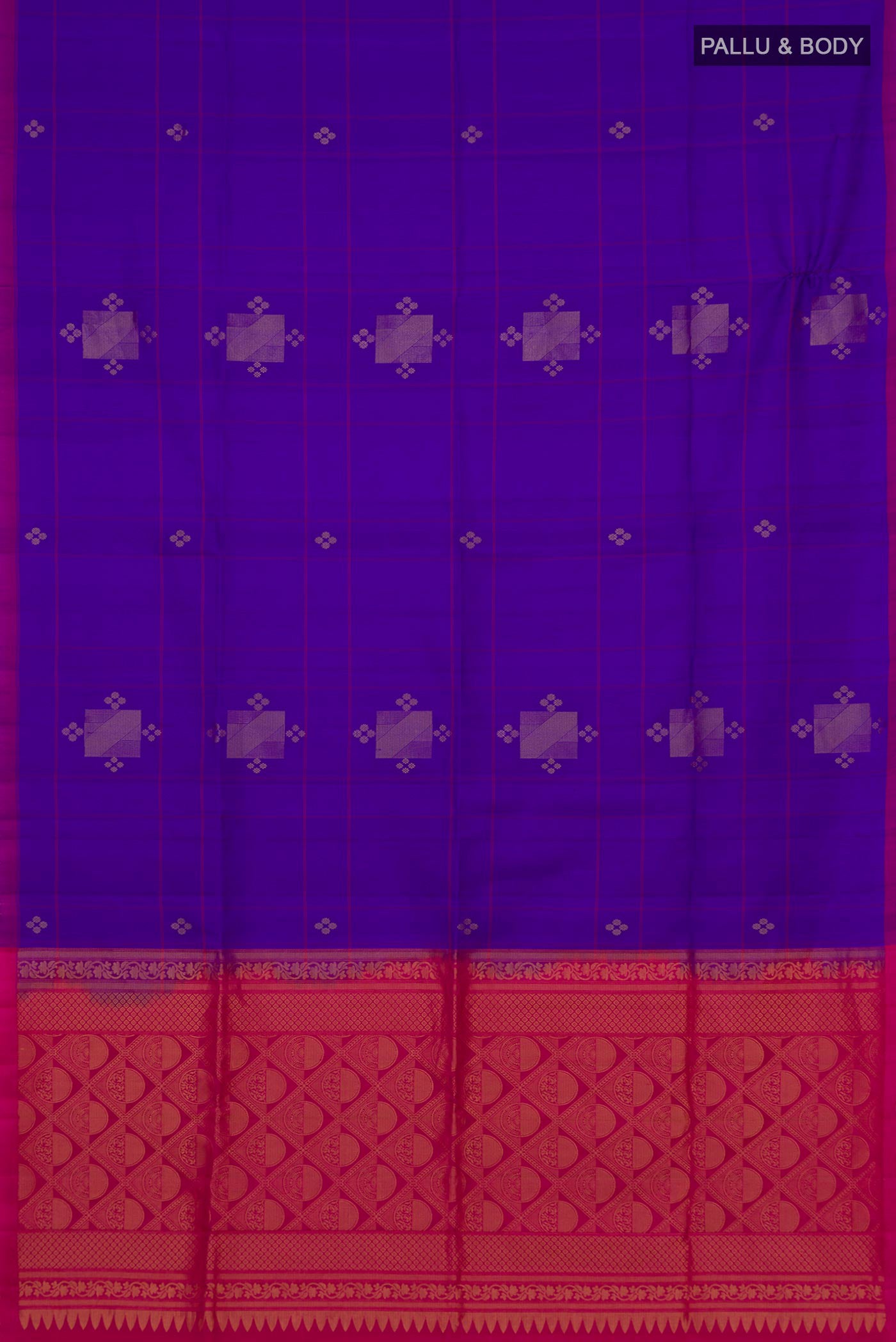 Flat view of Purple Soft Silk Saree with Zari Butta on the body and Without Border. 