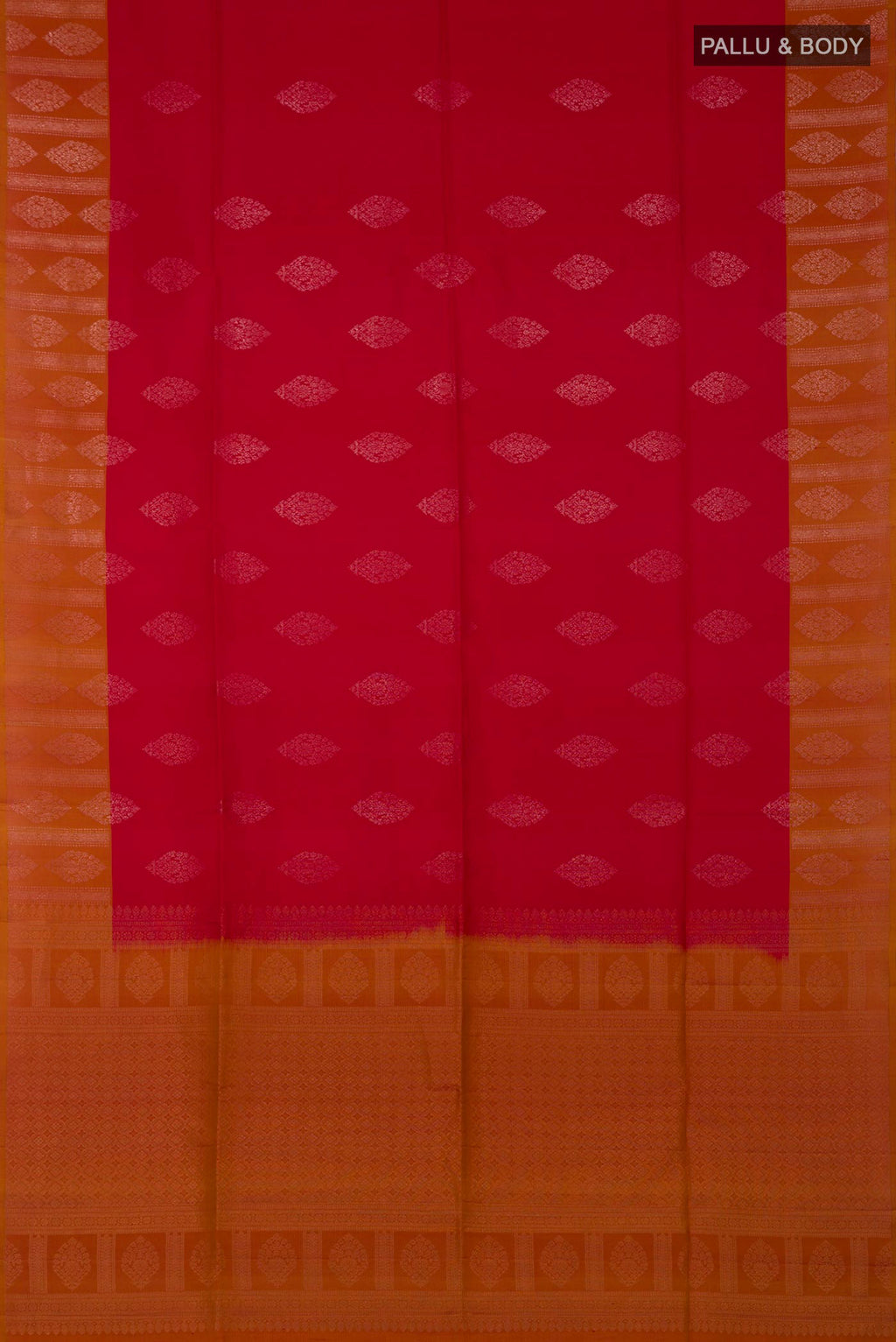 Flat view of Red Soft Silk Saree with Zari Butta on the body and Fancy Border. 
