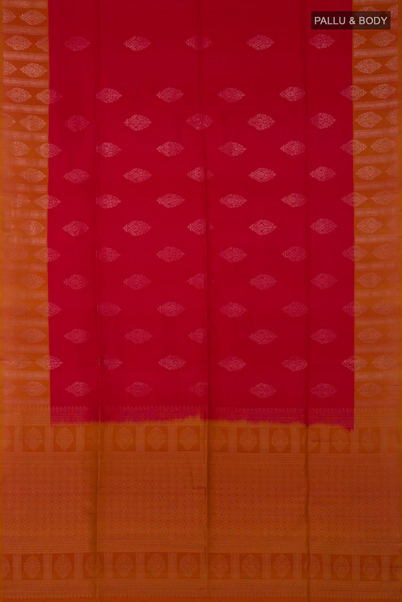 Flat view of Red Soft Silk Saree with Zari Butta on the body and Fancy Border. 