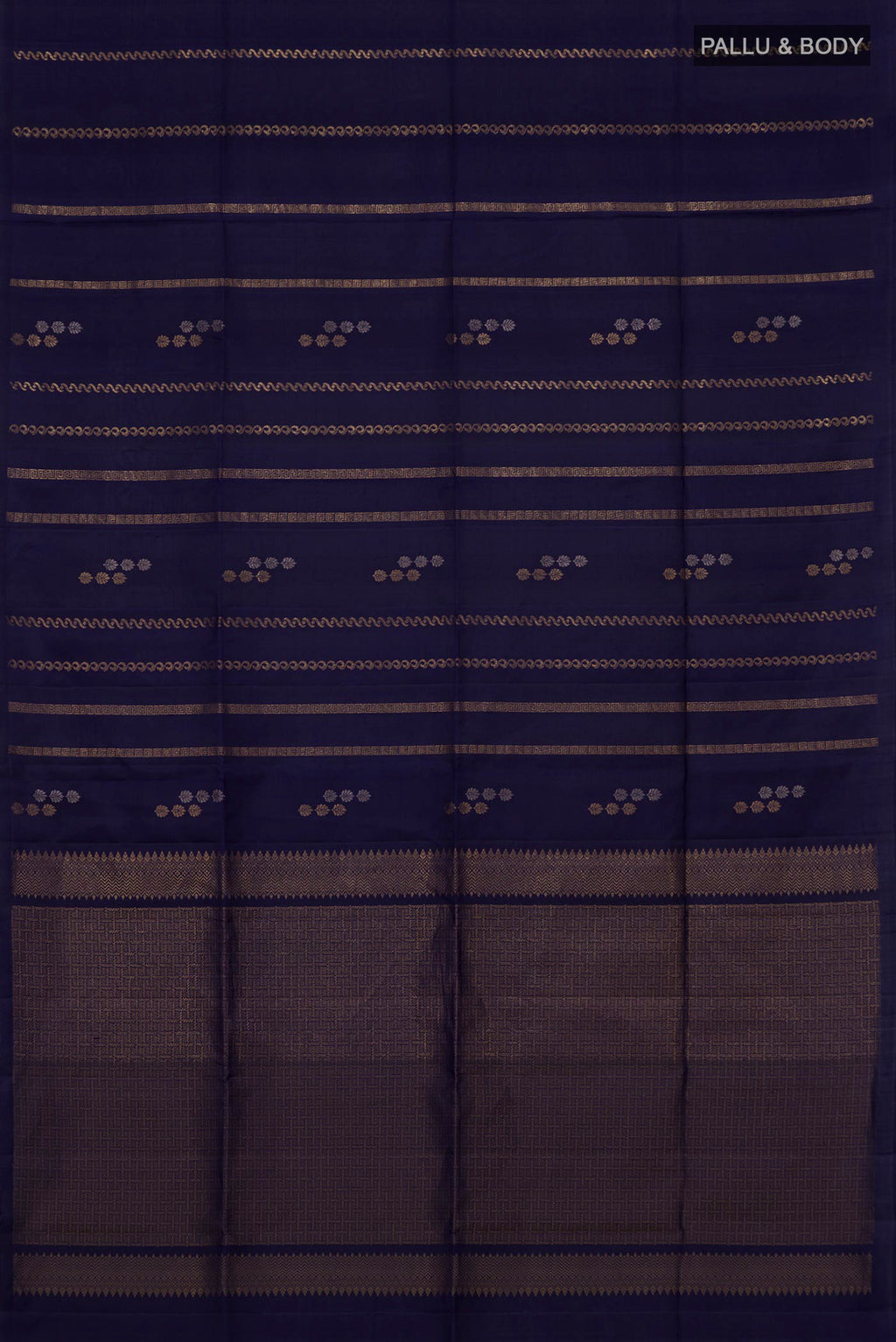 Flat view of Navy Blue Soft Silk Saree with Stripes on the body and Without Border. 