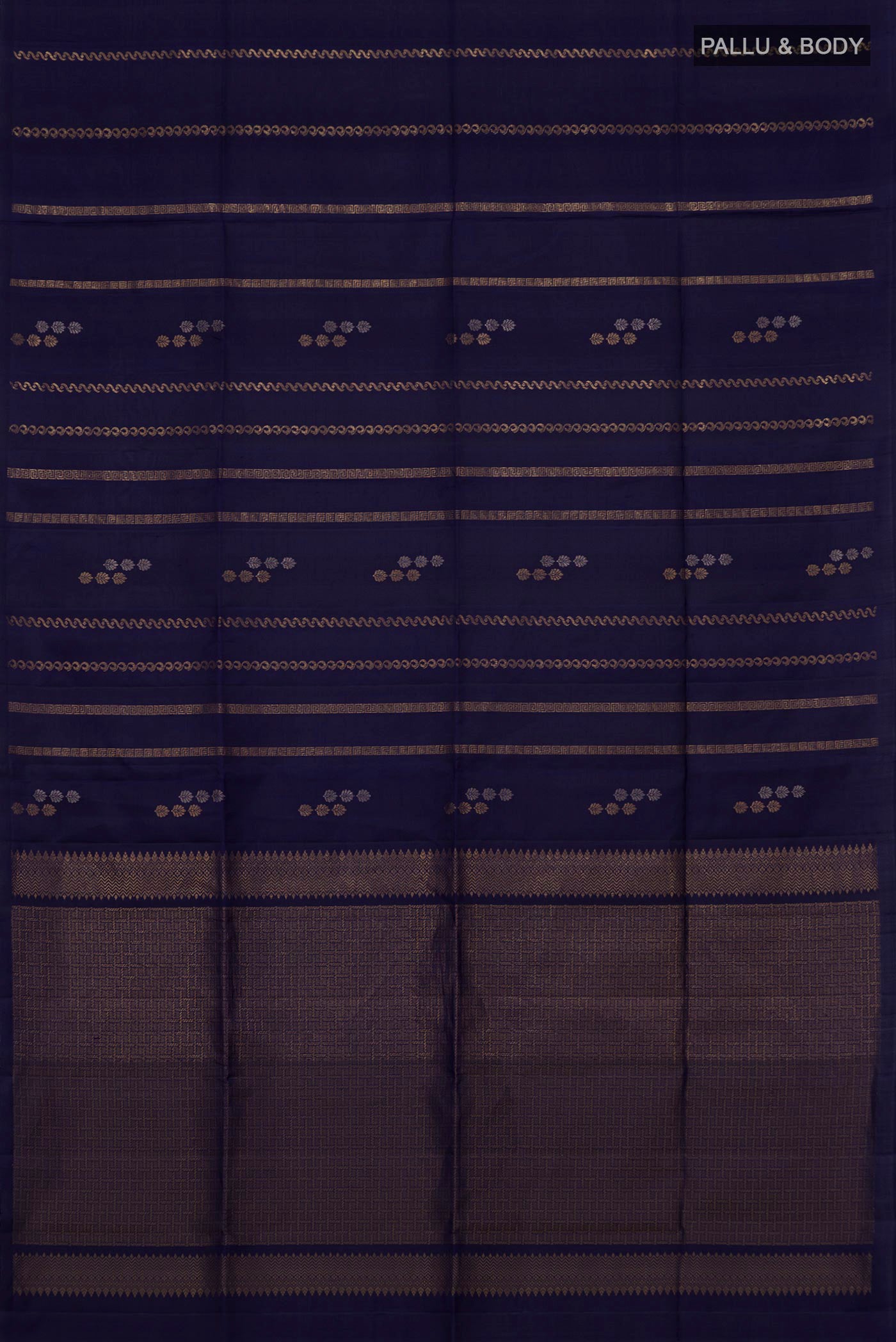 Flat view of Navy Blue Soft Silk Saree with Stripes on the body and Without Border. 