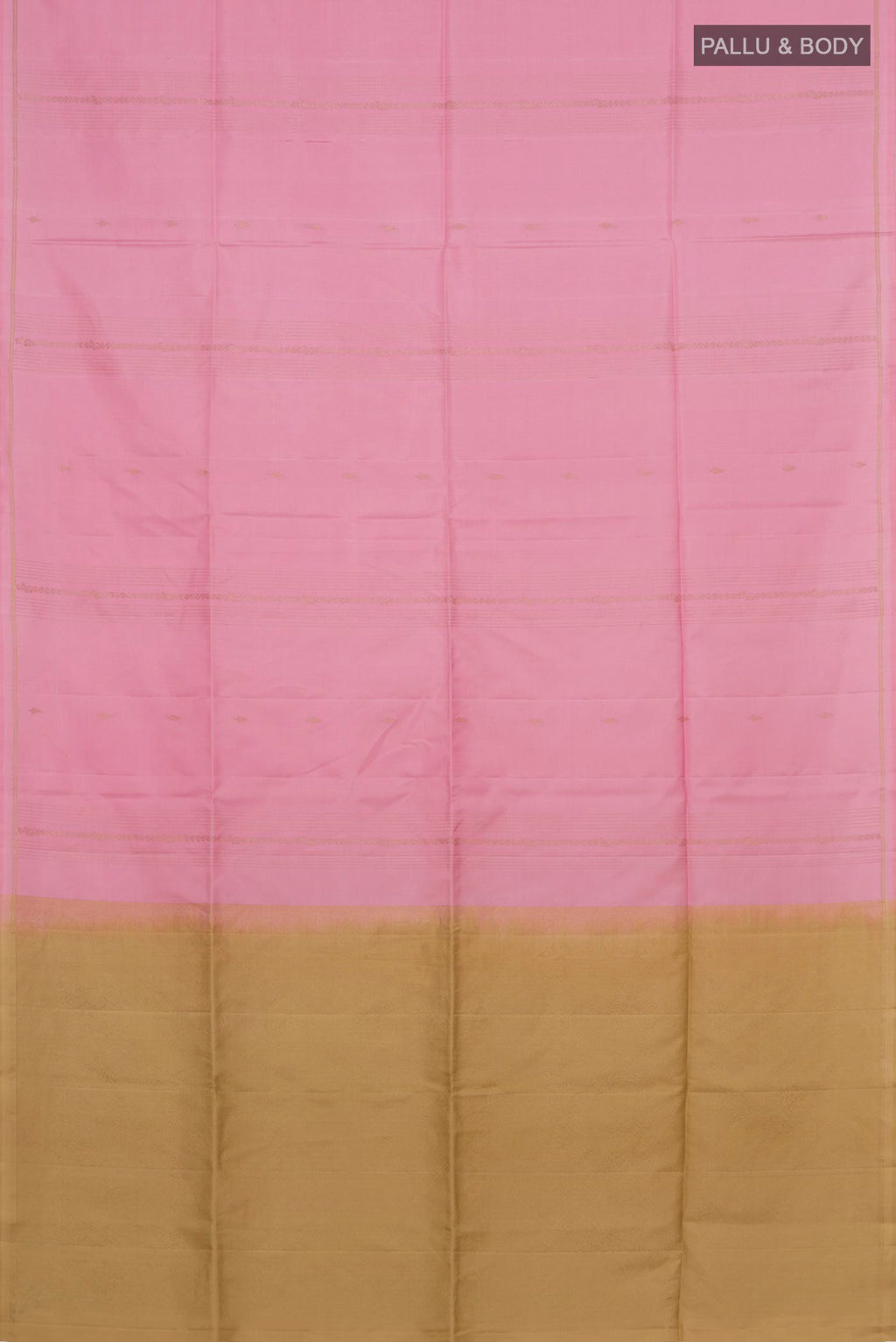 Flat view of Pure Silk Pink Soft Saree with Fancy on the body and Thin Zari Line. 