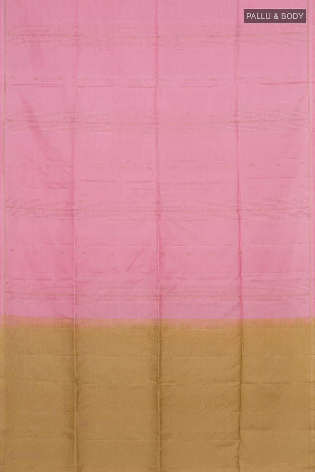 Flat view of Pure Silk Pink Soft Saree with Fancy on the body and Thin Zari Line. 