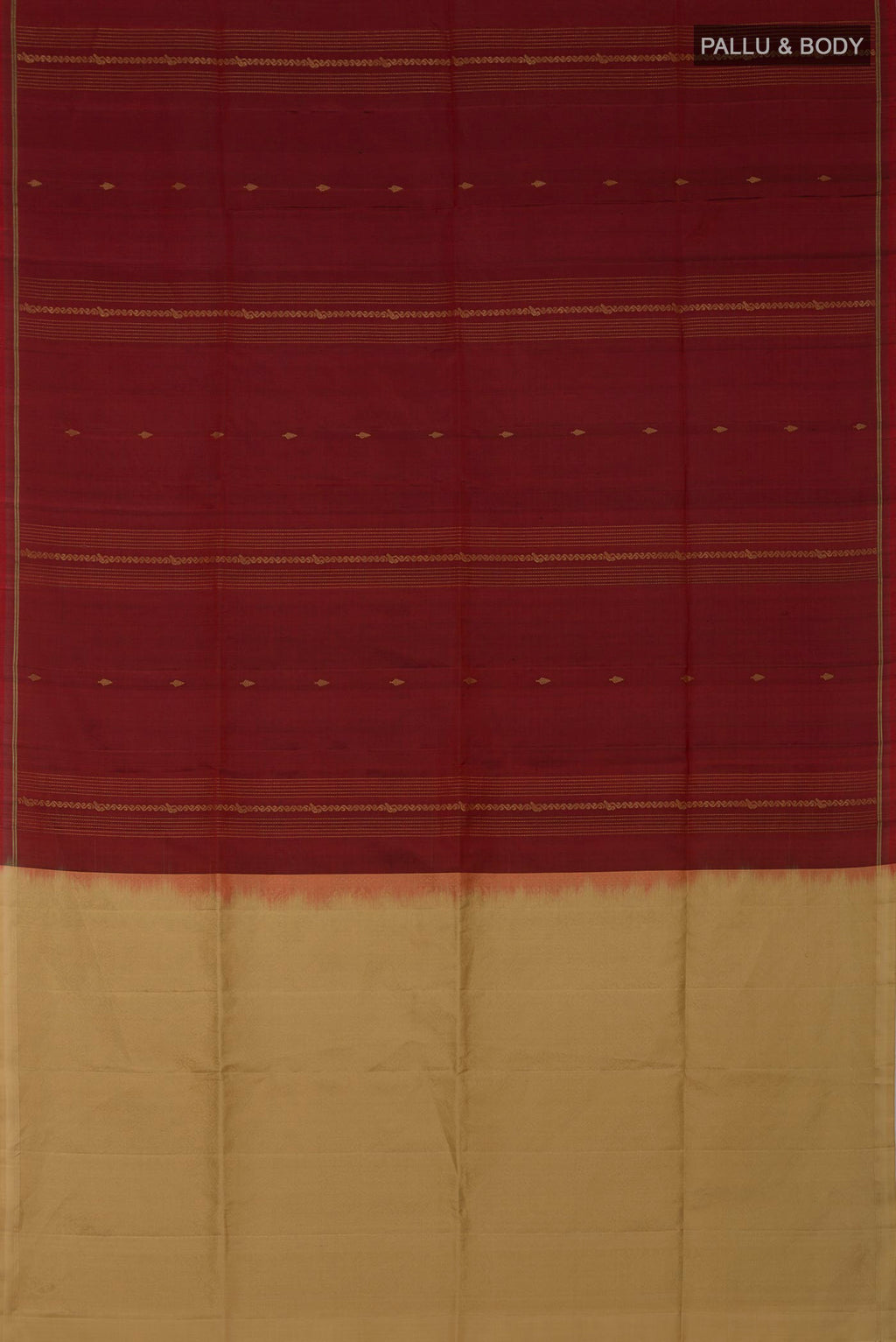 Flat view of Maroon Soft Silk Saree with Fancy on the body and Thin Zari Line. 