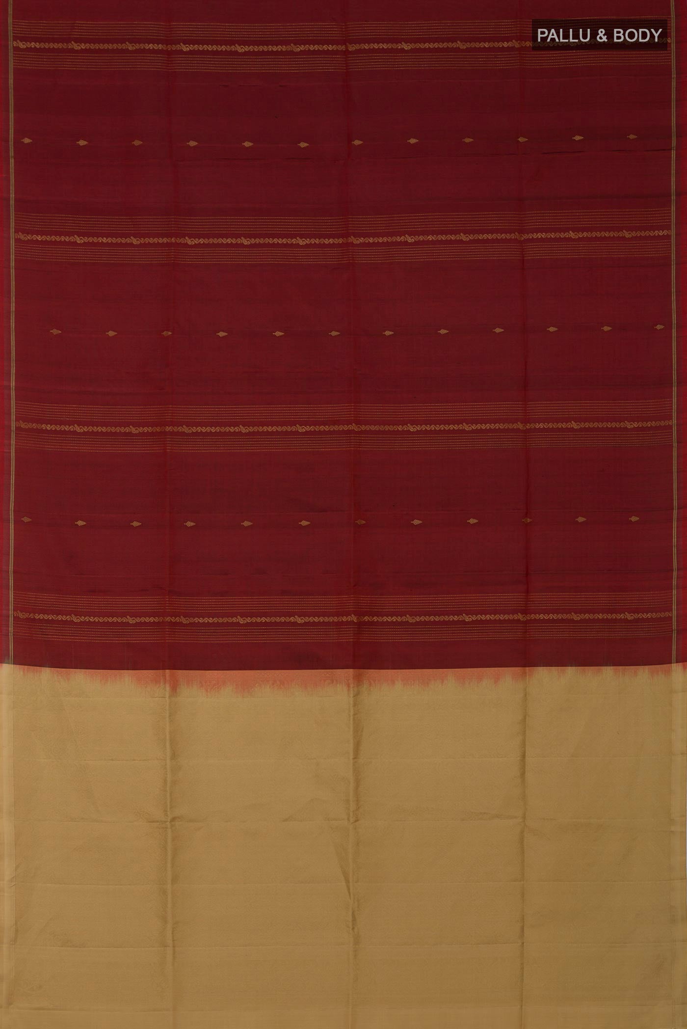 Flat view of Maroon Soft Silk Saree with Fancy on the body and Thin Zari Line. 