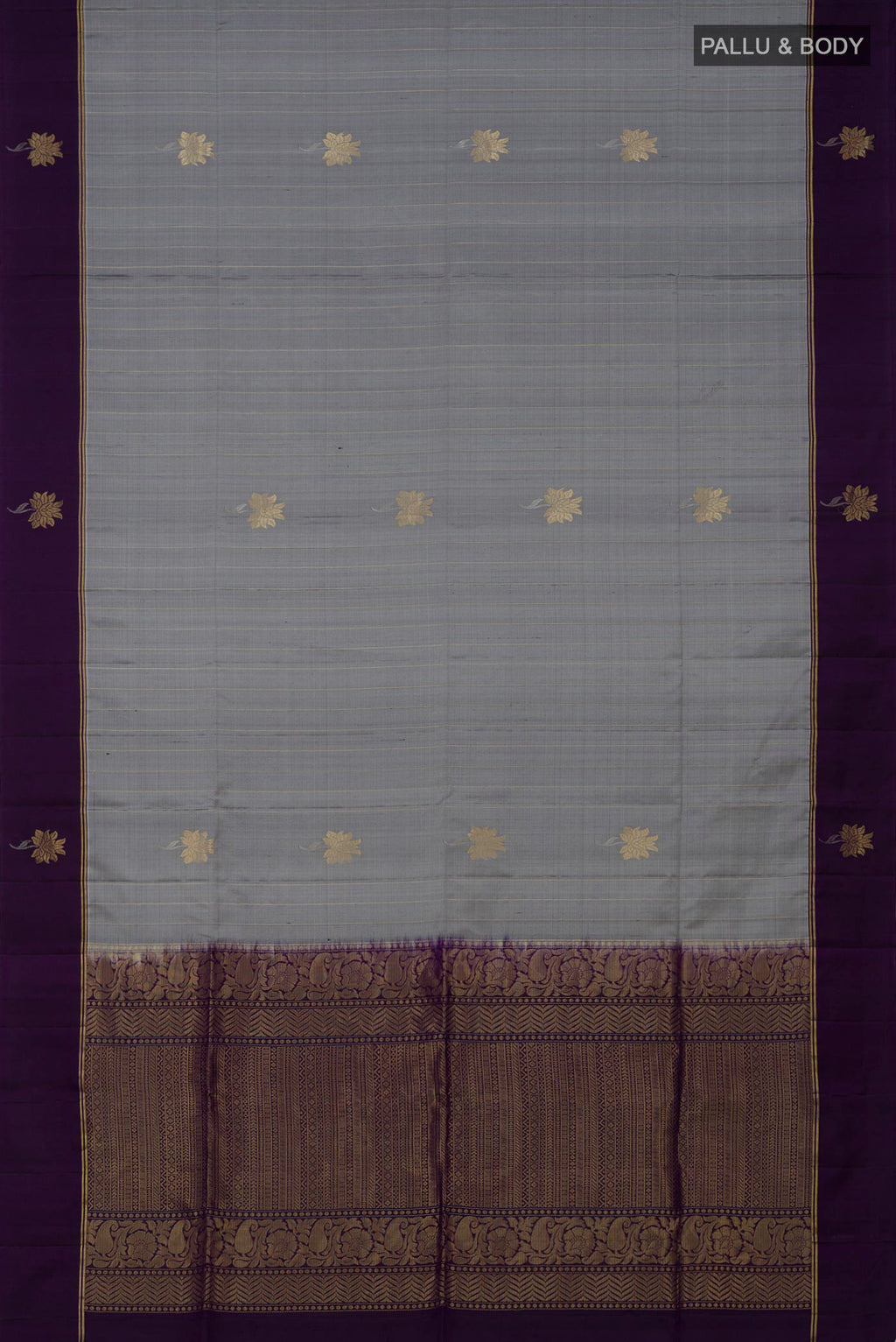 Flat view of Grey Soft Silk Saree with Fancy on the body and Thin Zari Line. 