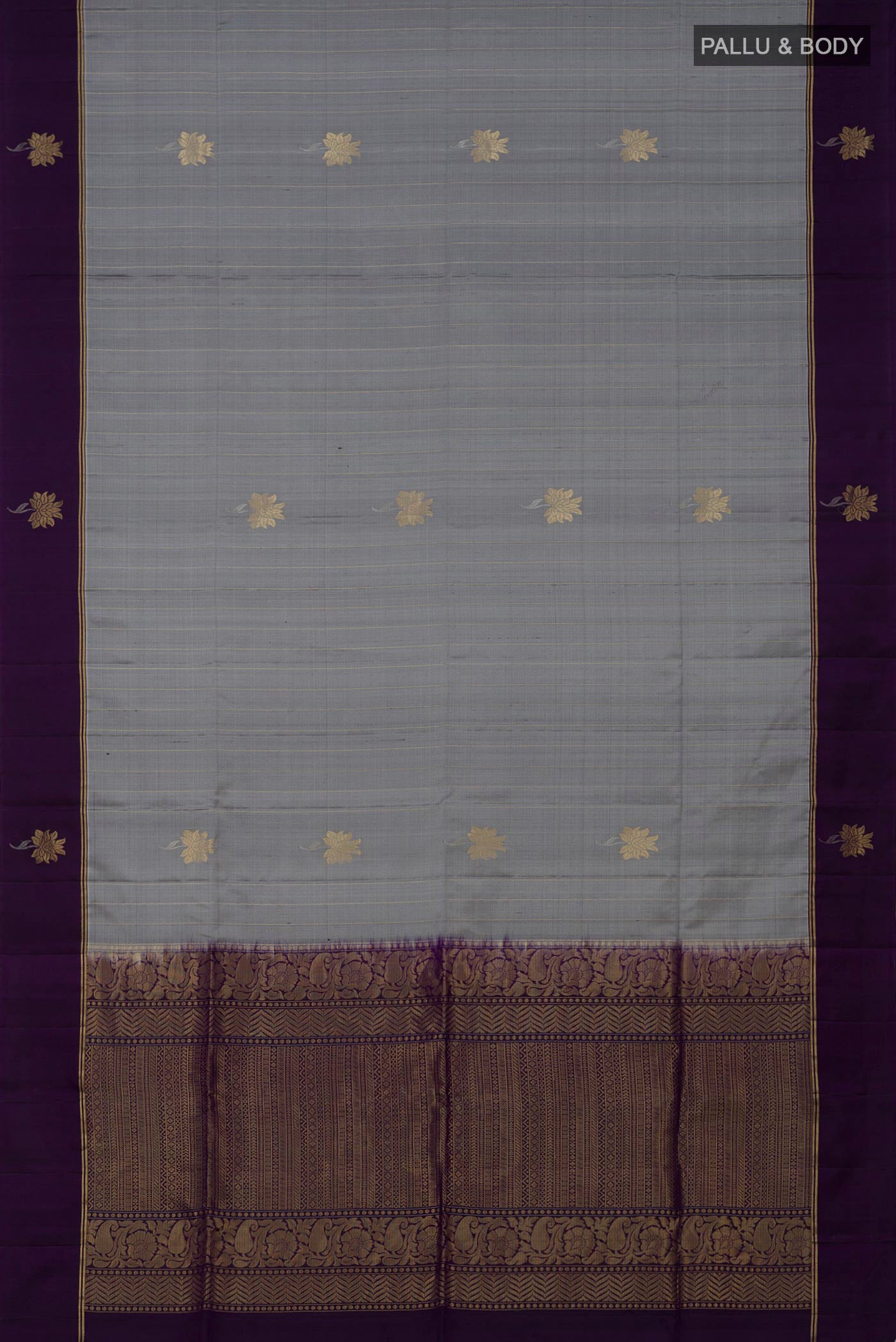 Flat view of Grey Soft Silk Saree with Fancy on the body and Thin Zari Line. 