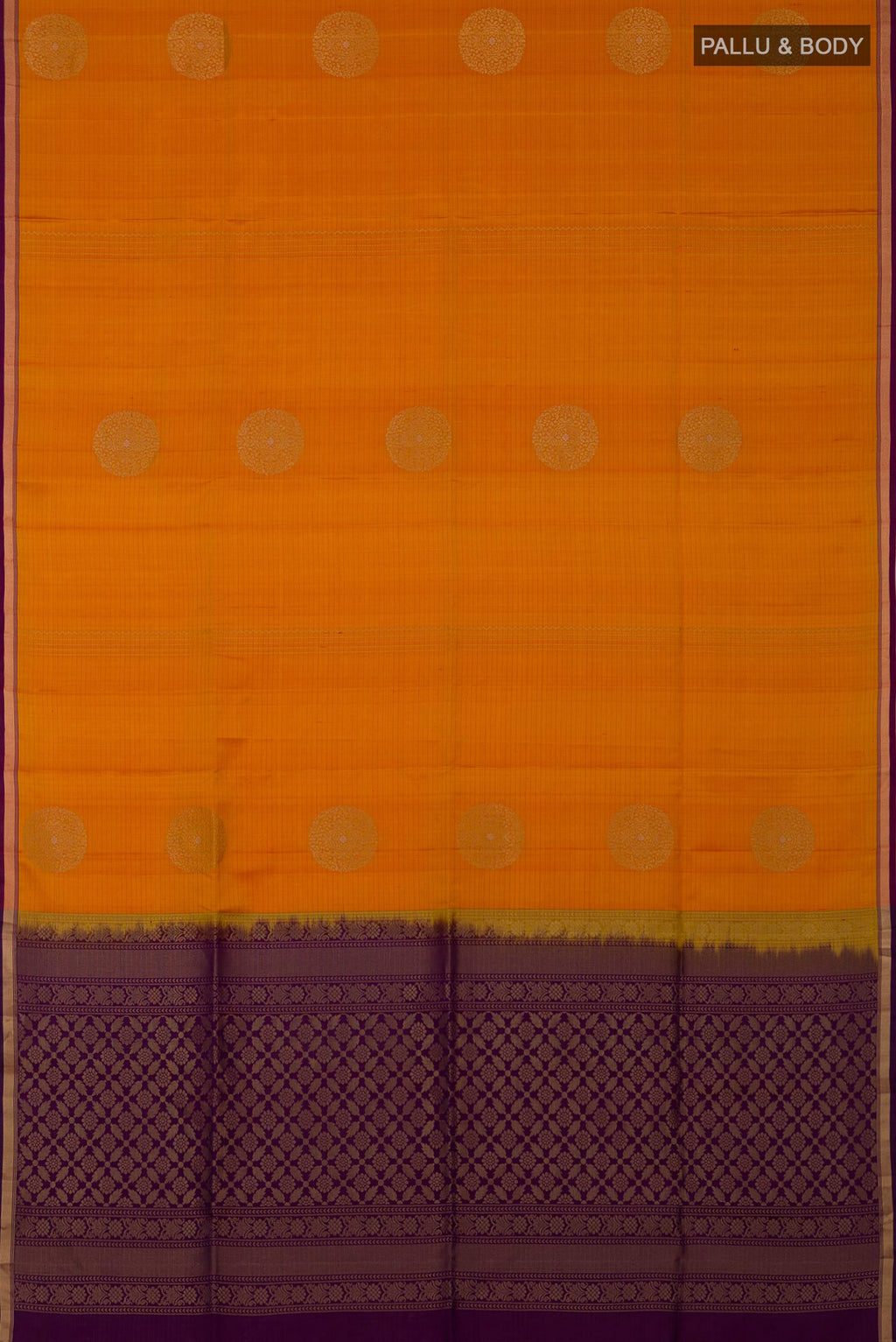 Flat view of Yellow Soft Silk Saree with Fancy on the body and Thin Zari Line. 