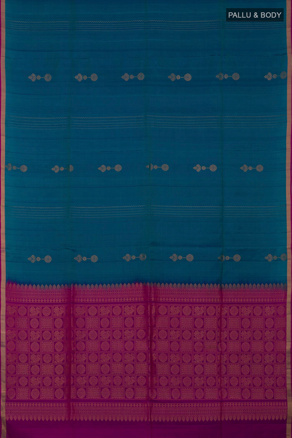 Flat view of Blue Soft Silk Saree with Fancy on the body and Thin Zari Line. 