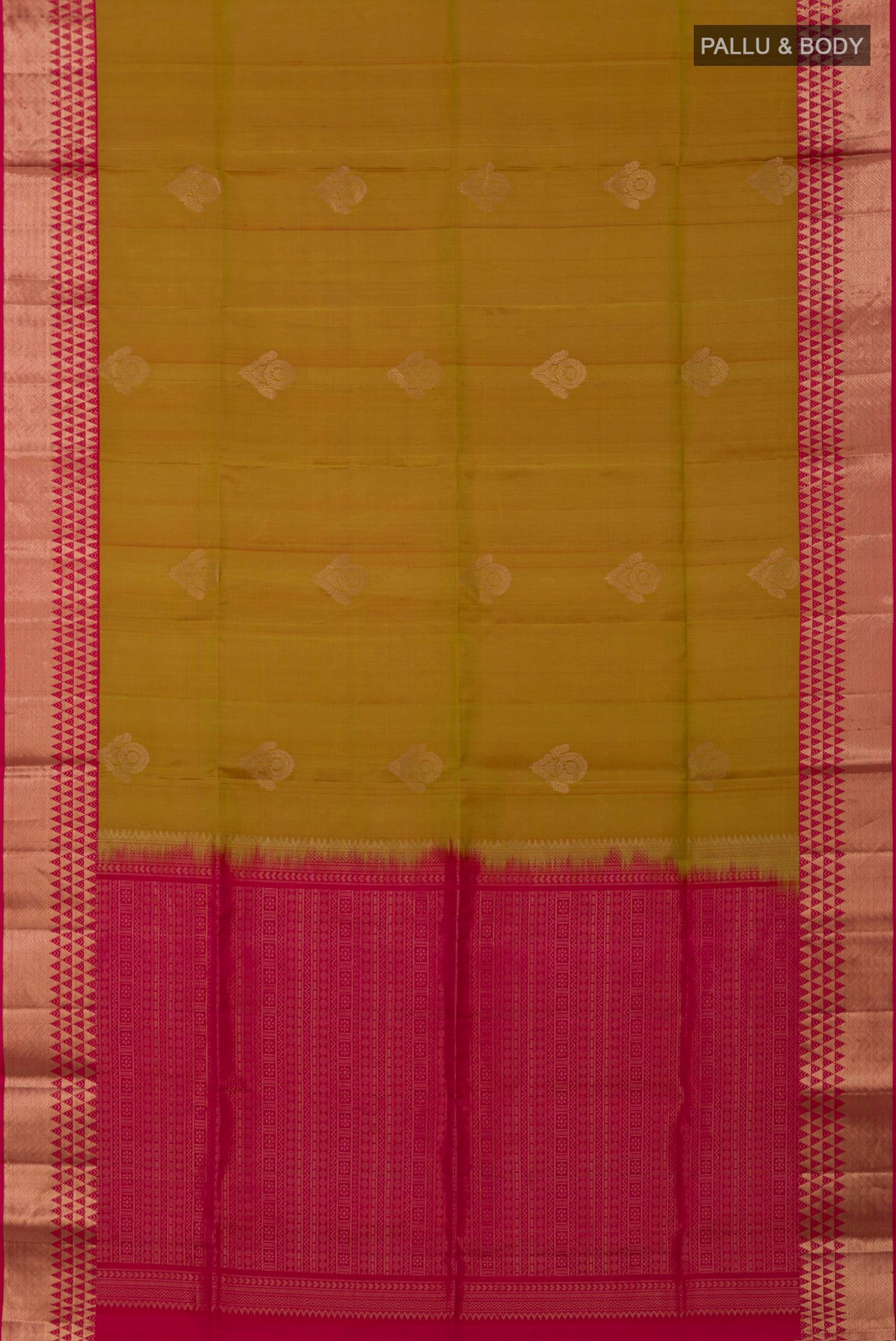 Flat view of Green Soft Silk Saree with Zari Butta on the body and Zari Border. 
