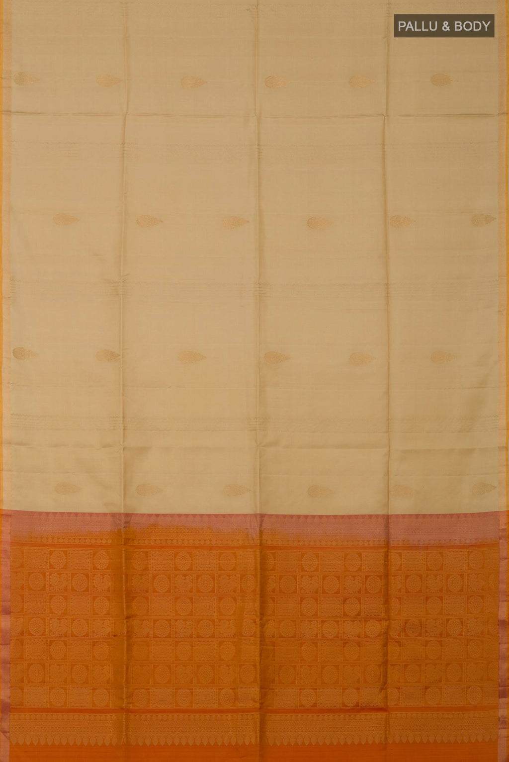 Flat view of Cream Soft Silk Saree with Fancy on the body and Thin Zari Line. 