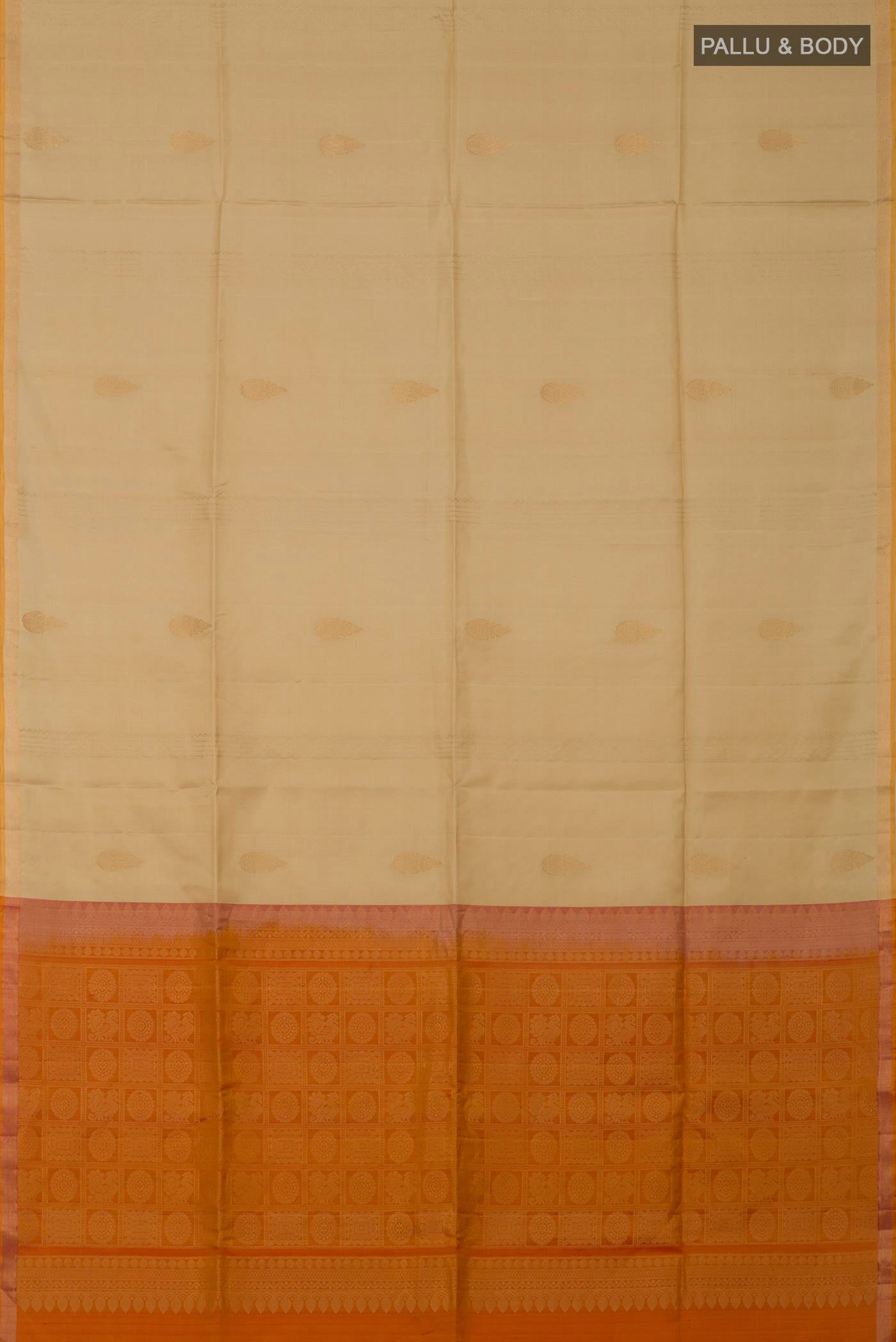 Flat view of Cream Soft Silk Saree with Fancy on the body and Thin Zari Line. 