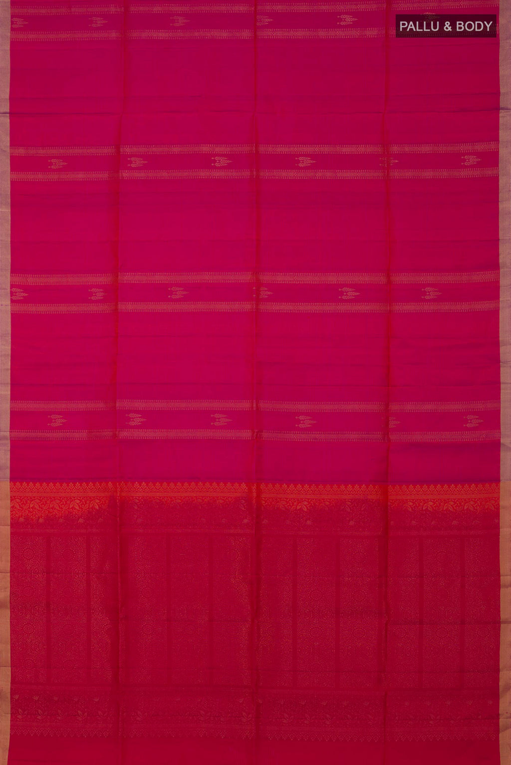Flat view of Pink Soft Silk Saree with Zari Butta on the body and Thin Zari Line. 