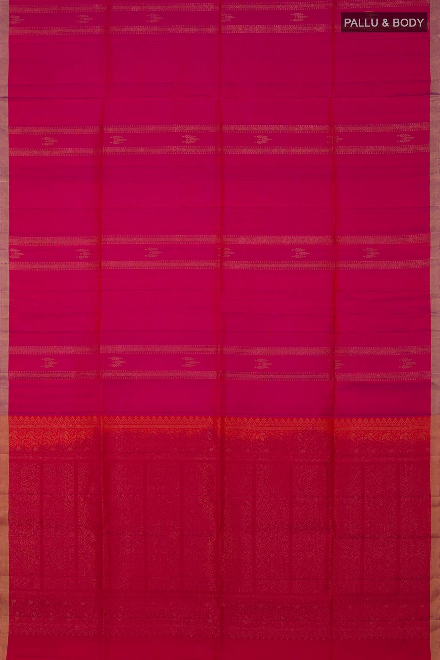 Flat view of Pink Soft Silk Saree with Zari Butta on the body and Thin Zari Line. 