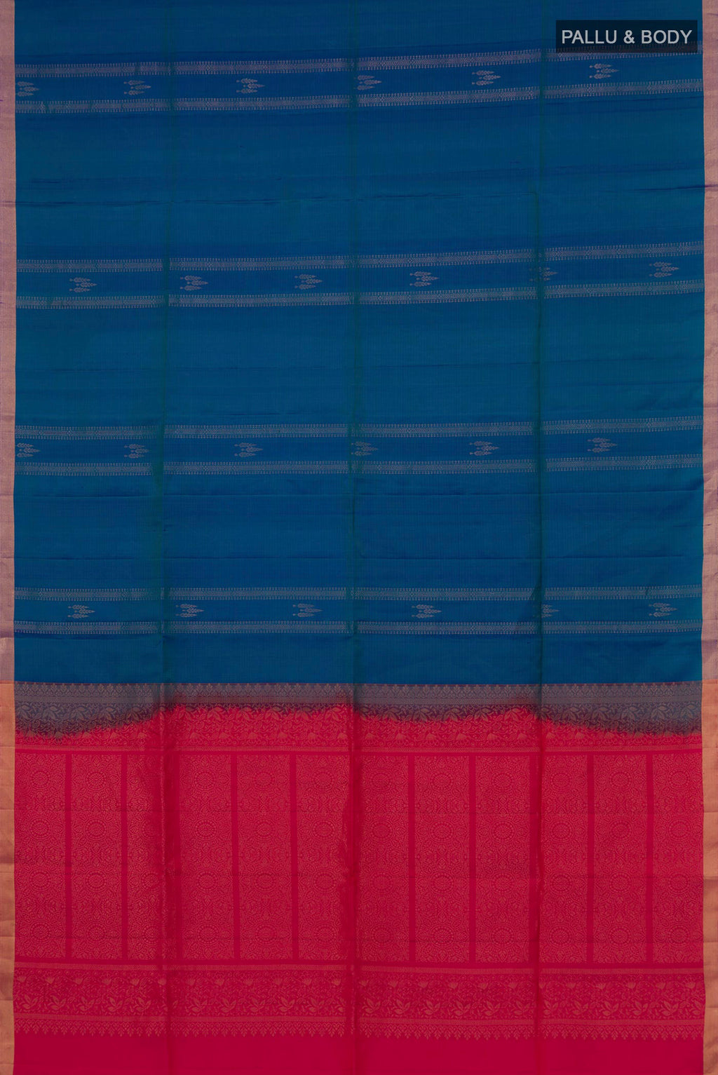 Flat view of Pure Silk Blue Soft Saree with Stripes on the body and Thin Zari Line. 