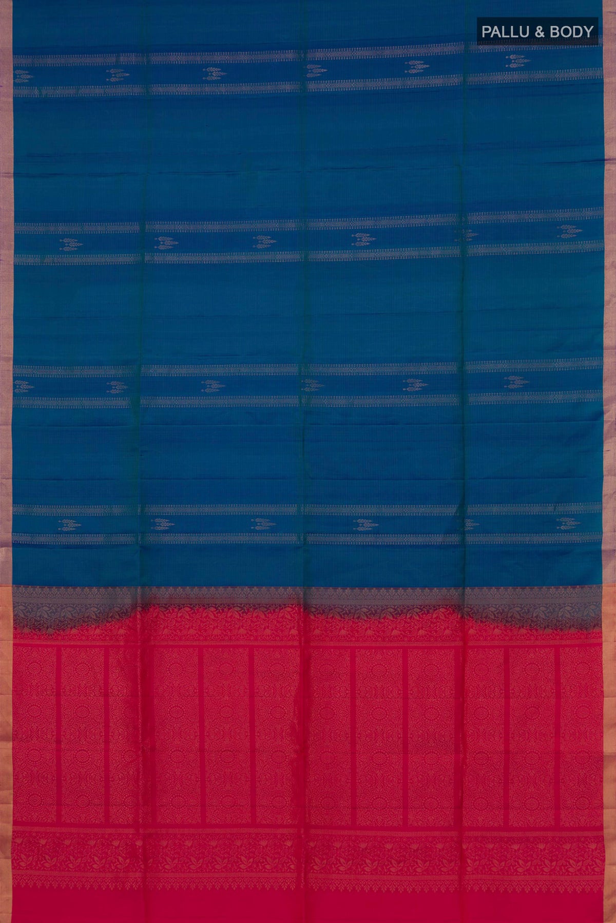 Flat view of Pure Silk Blue Soft Saree with Stripes on the body and Thin Zari Line. 