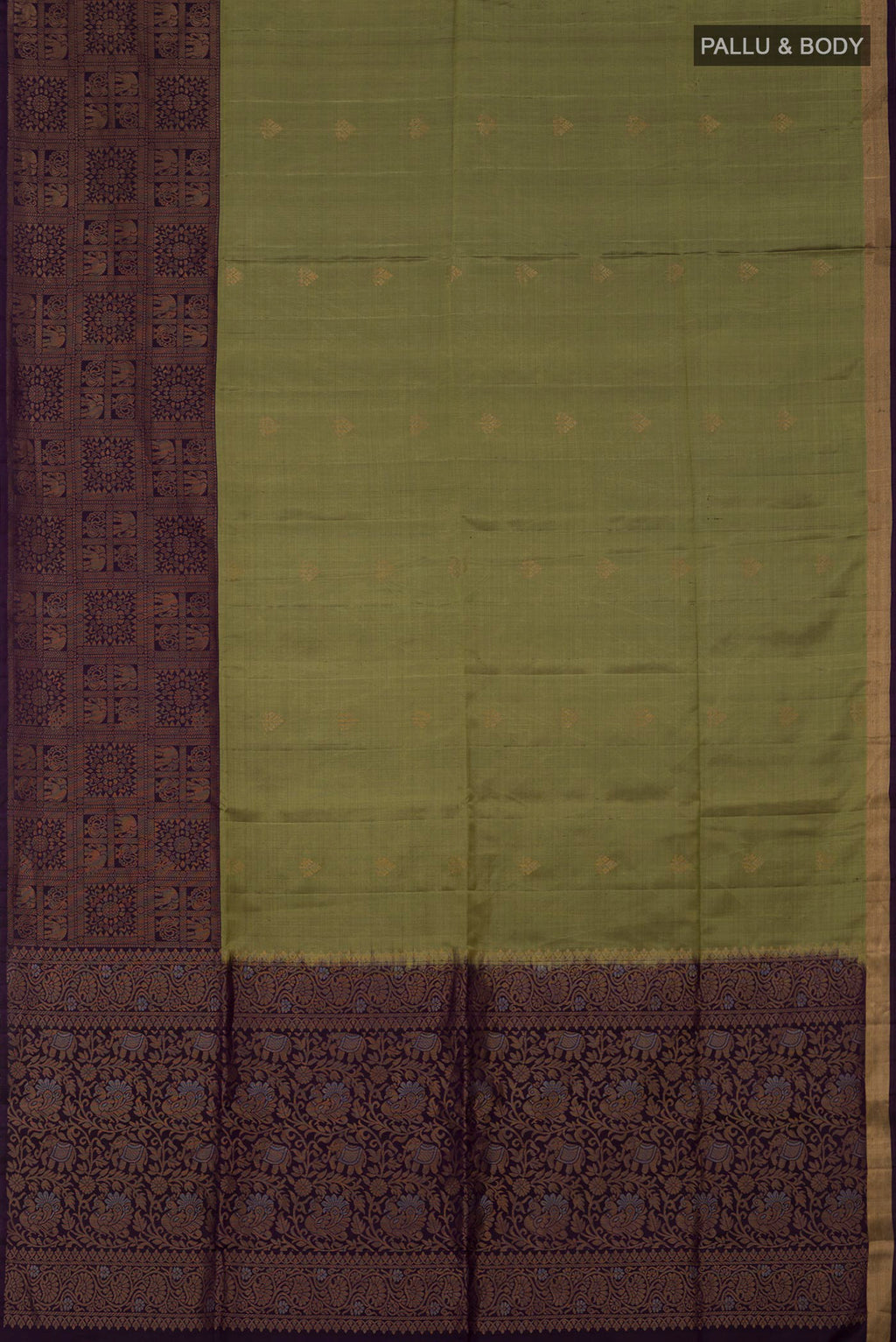 Flat view of Mehandi Green Soft Silk Saree with Zari Butta on the body and Fancy Border. 