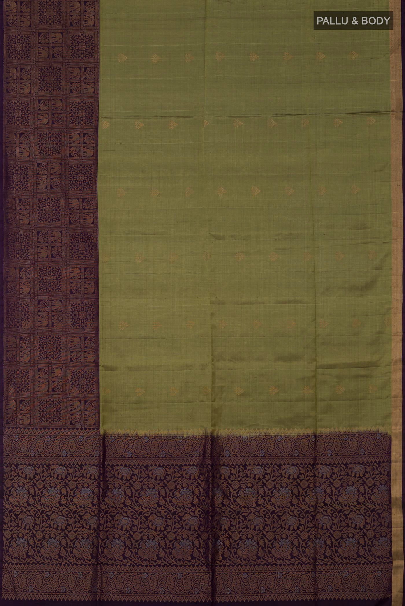 Flat view of Mehandi Green Soft Silk Saree with Zari Butta on the body and Fancy Border. 