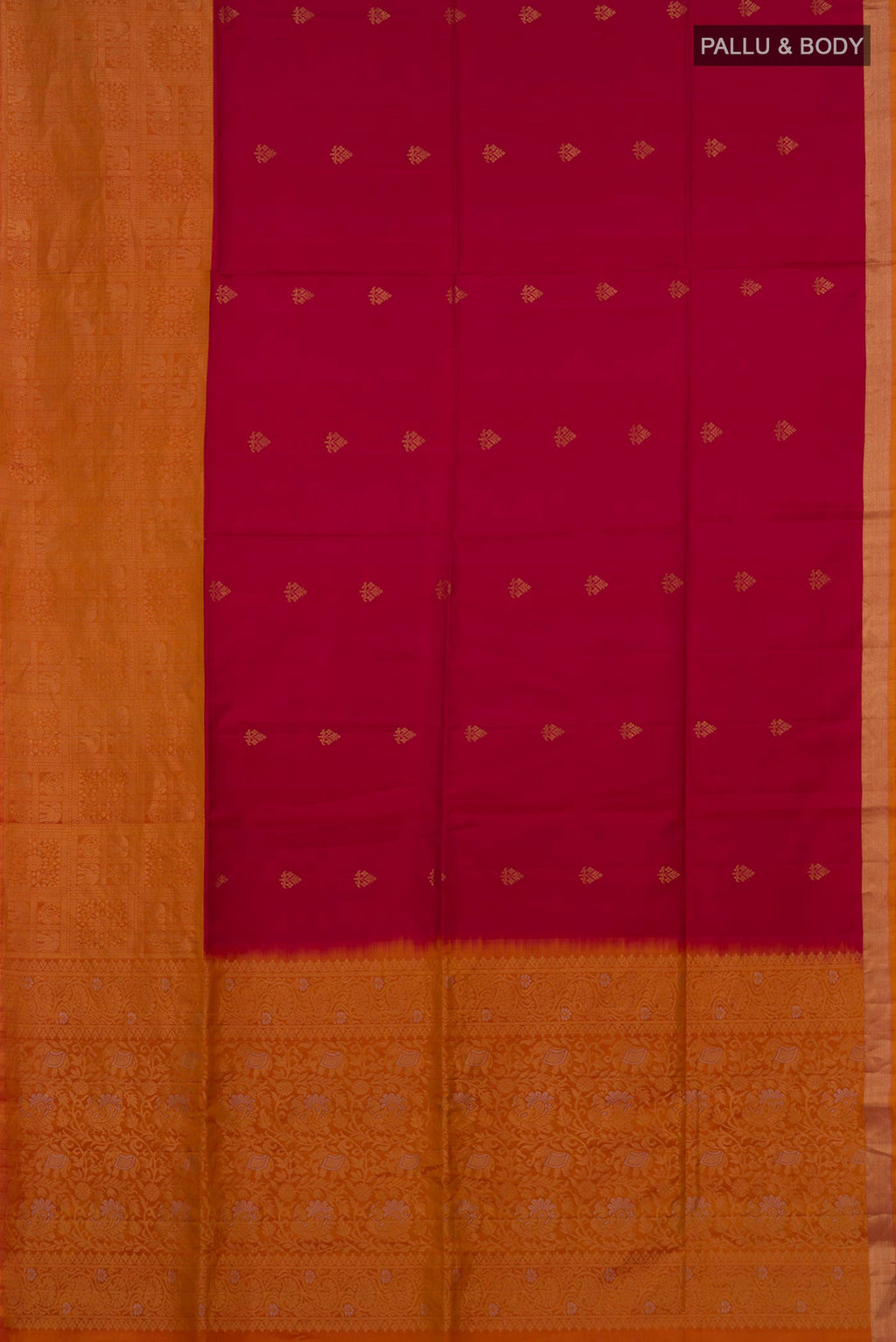 Flat view of Pure Silk Red Soft Saree with Zari Butta on the body and Fancy Border. 
