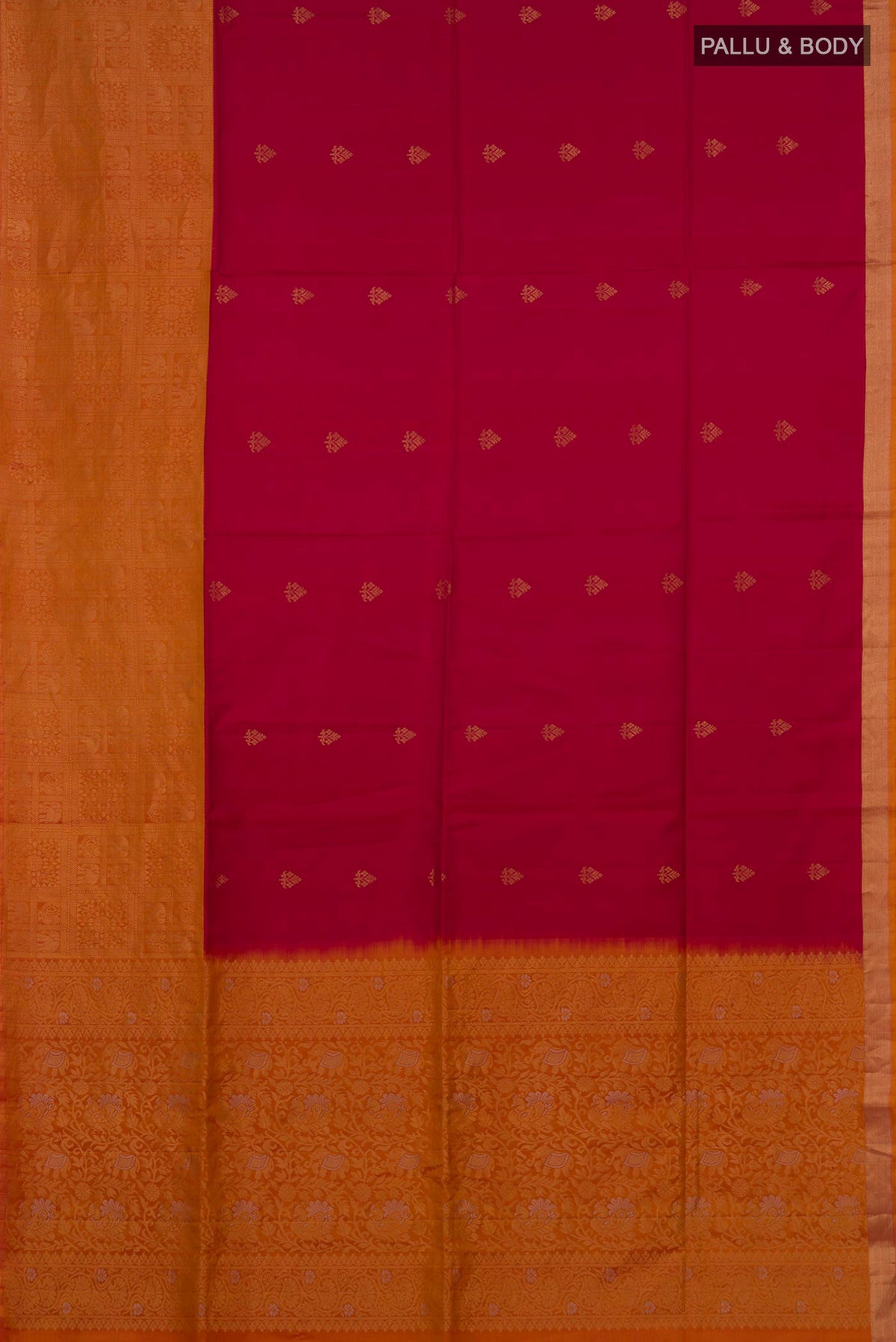 Flat view of Pure Silk Red Soft Saree with Zari Butta on the body and Fancy Border. 
