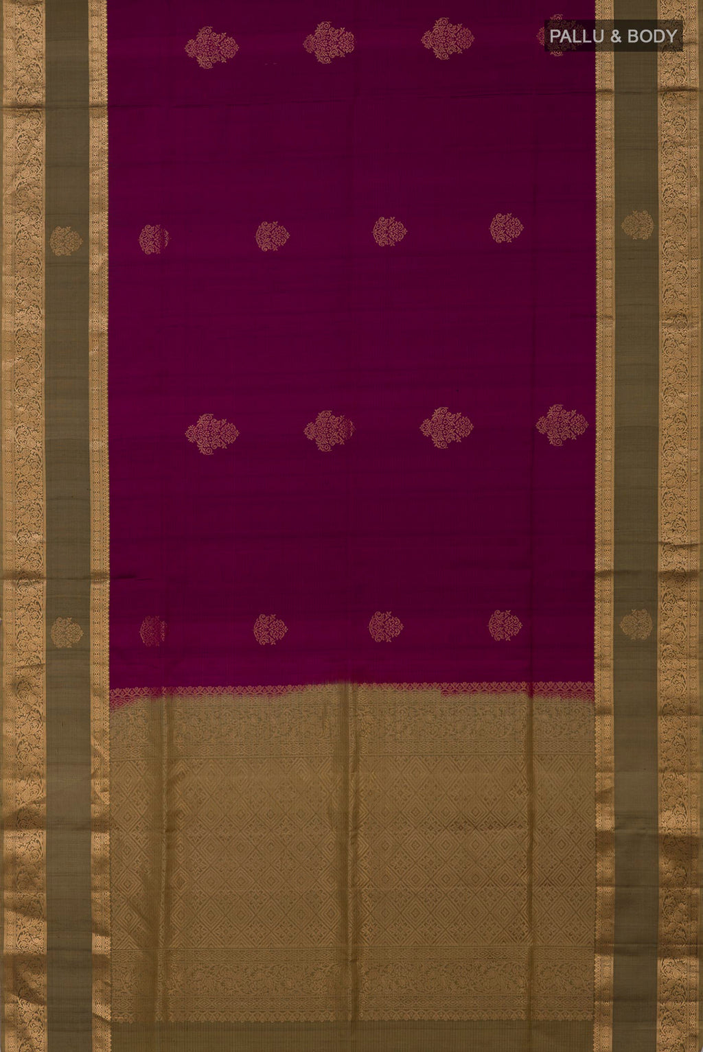 Flat view of Purple Soft Silk Saree with Zari Butta on the body and Zari Border. 