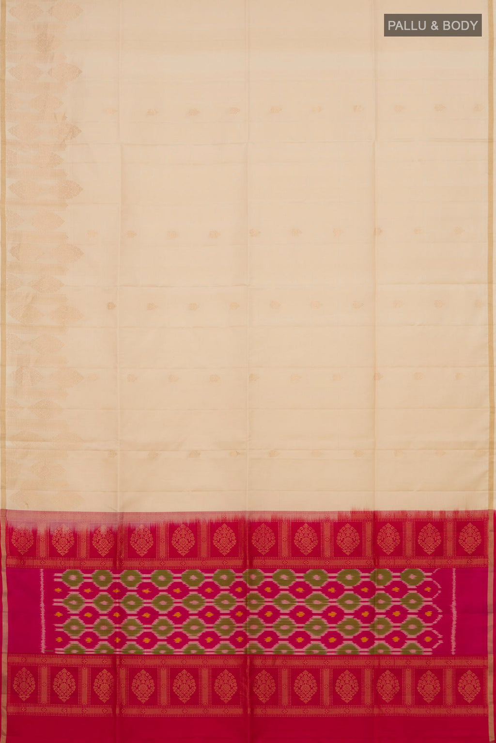 Flat view of Cream Soft Silk Saree with Zari Butta on the body and Fancy Border. 