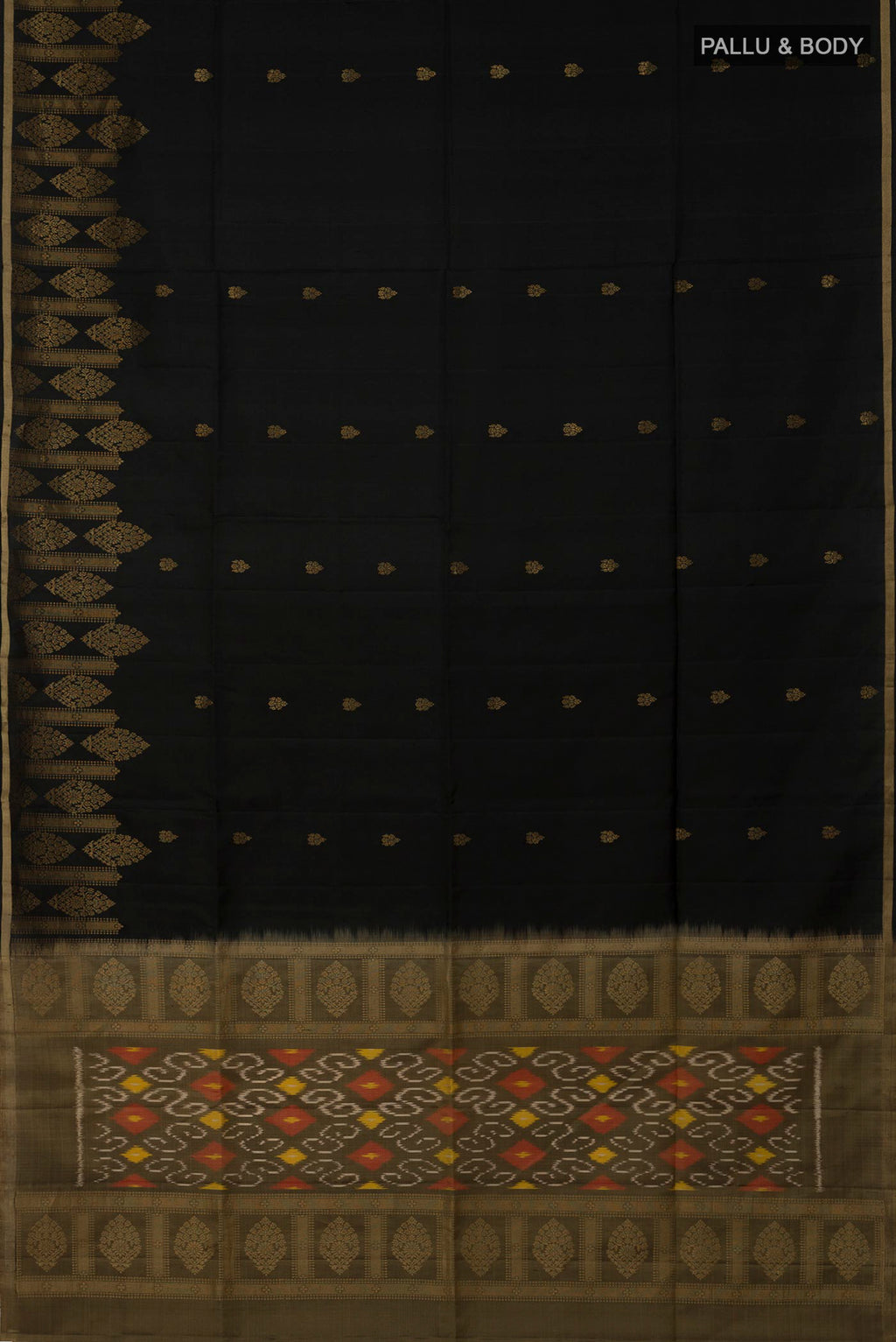 Flat view of Black Soft Silk Saree with Zari Butta on the body and Fancy Border. 