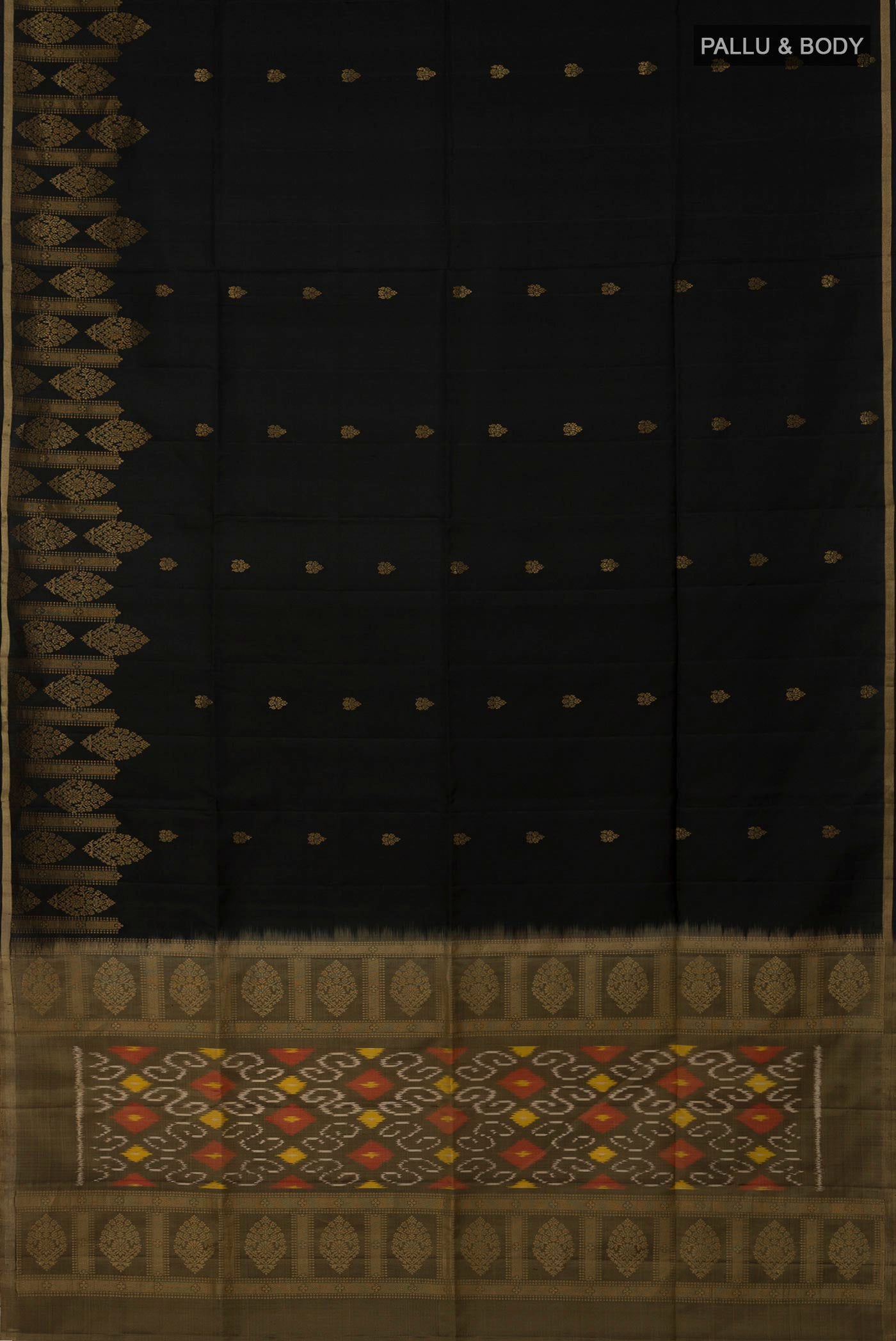 Flat view of Black Soft Silk Saree with Zari Butta on the body and Fancy Border. 