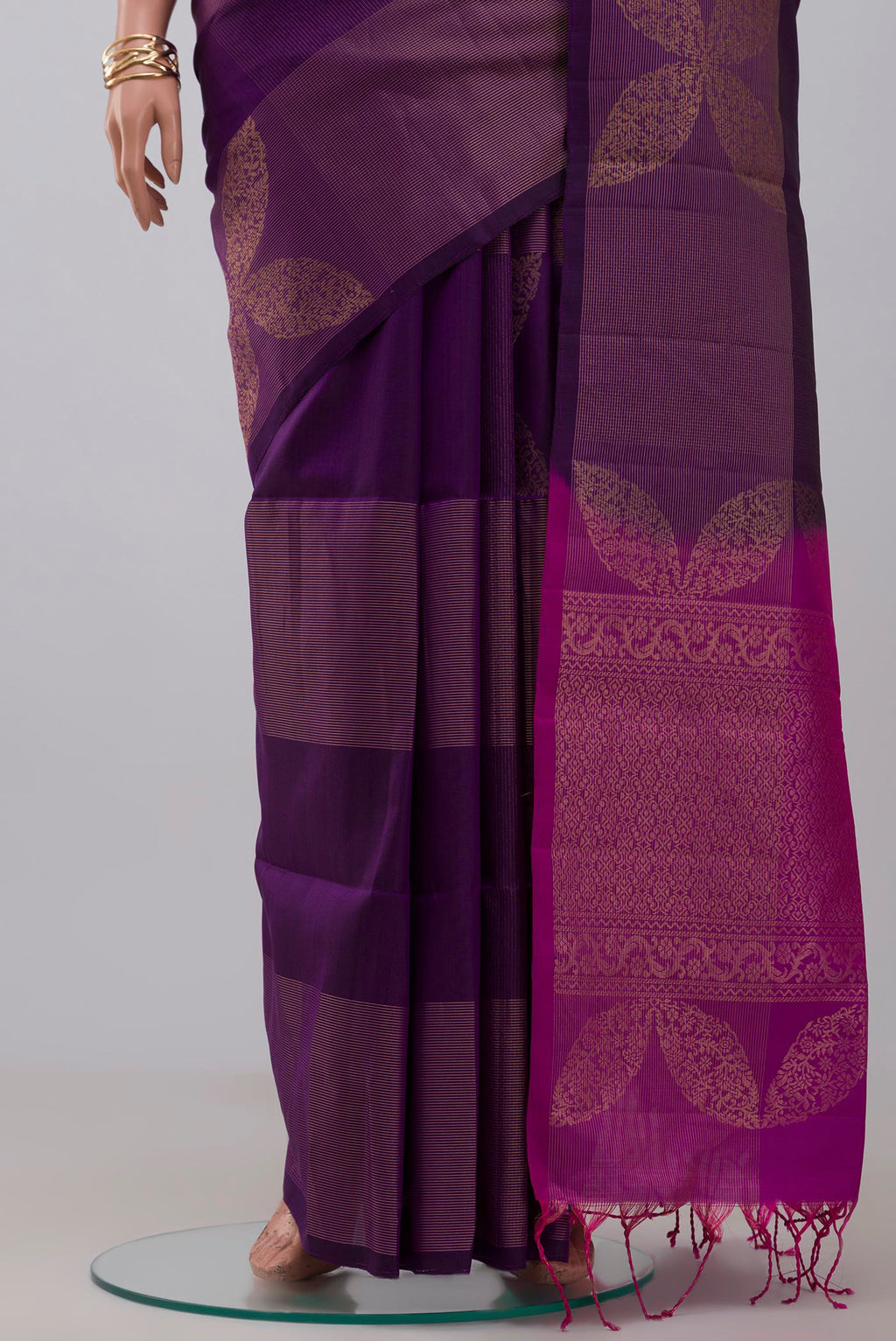 Pleats and pallu of Blue Soft Silk Saree with Fancy on the body and Without Border. 
